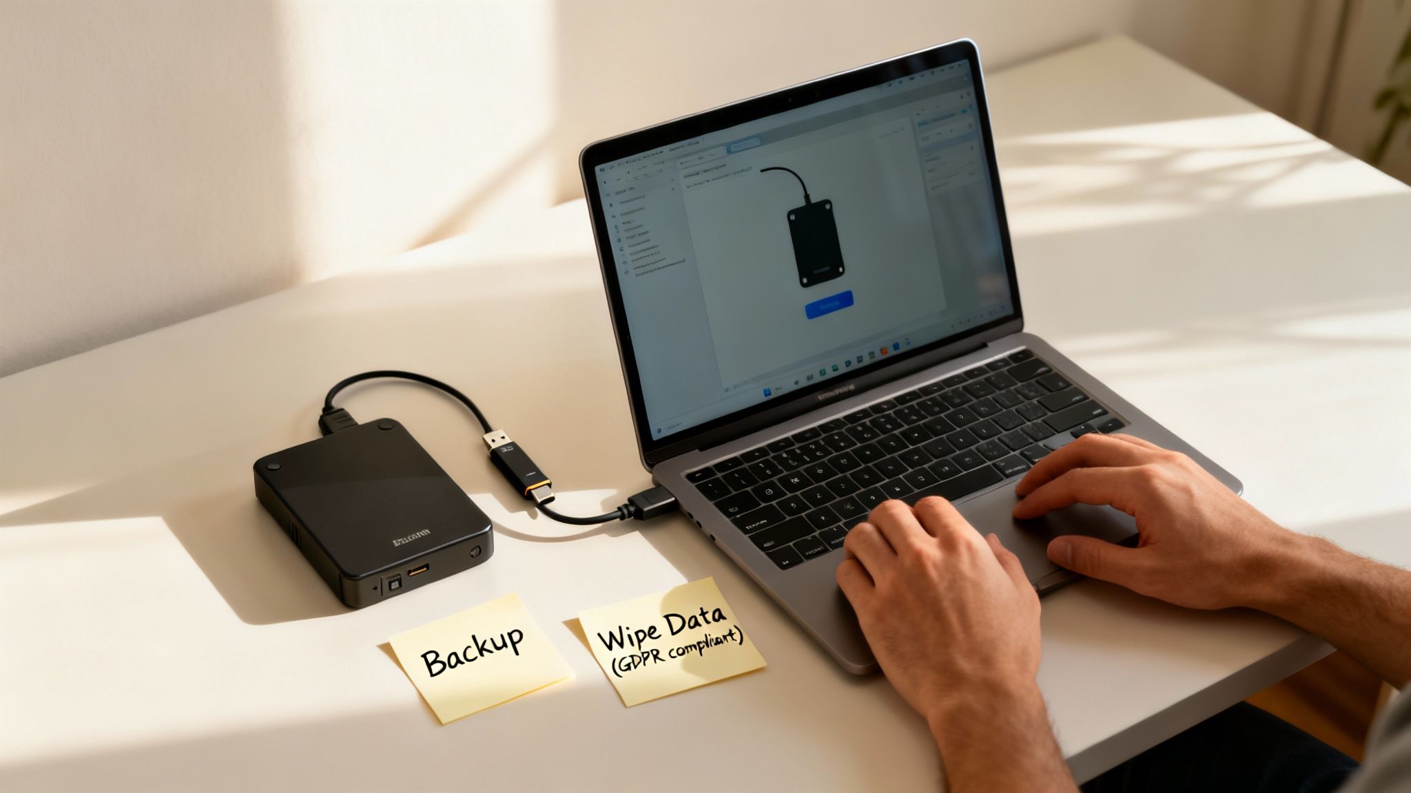 A person uses a laptop connected to an external hard drive, with notes about backup and data wiping.