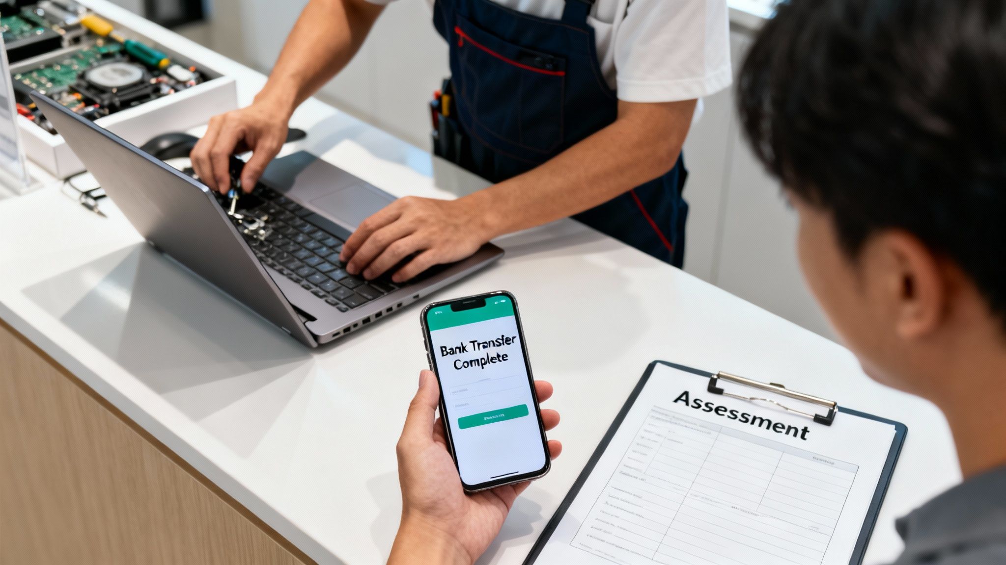 Technician working on a laptop while a customer views a 'Bank Transfer Complete' message on a smartphone next to an assessment form.