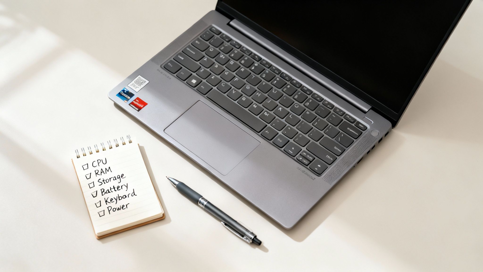 A checklist notebook and pen next to a modern gray laptop on a light surface.