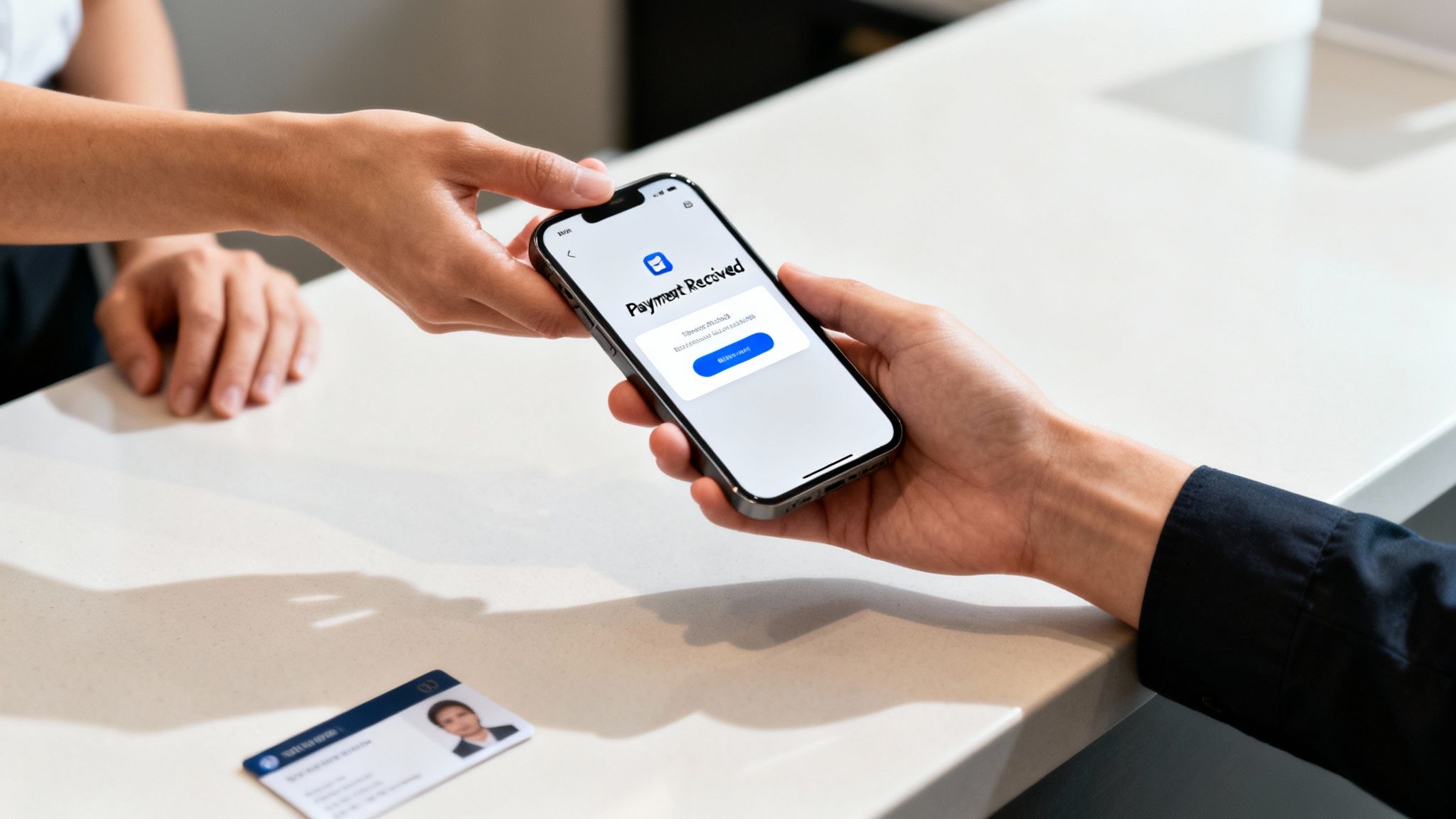 Two people using a smartphone for a mobile payment transaction, displaying 'Payment Received'.