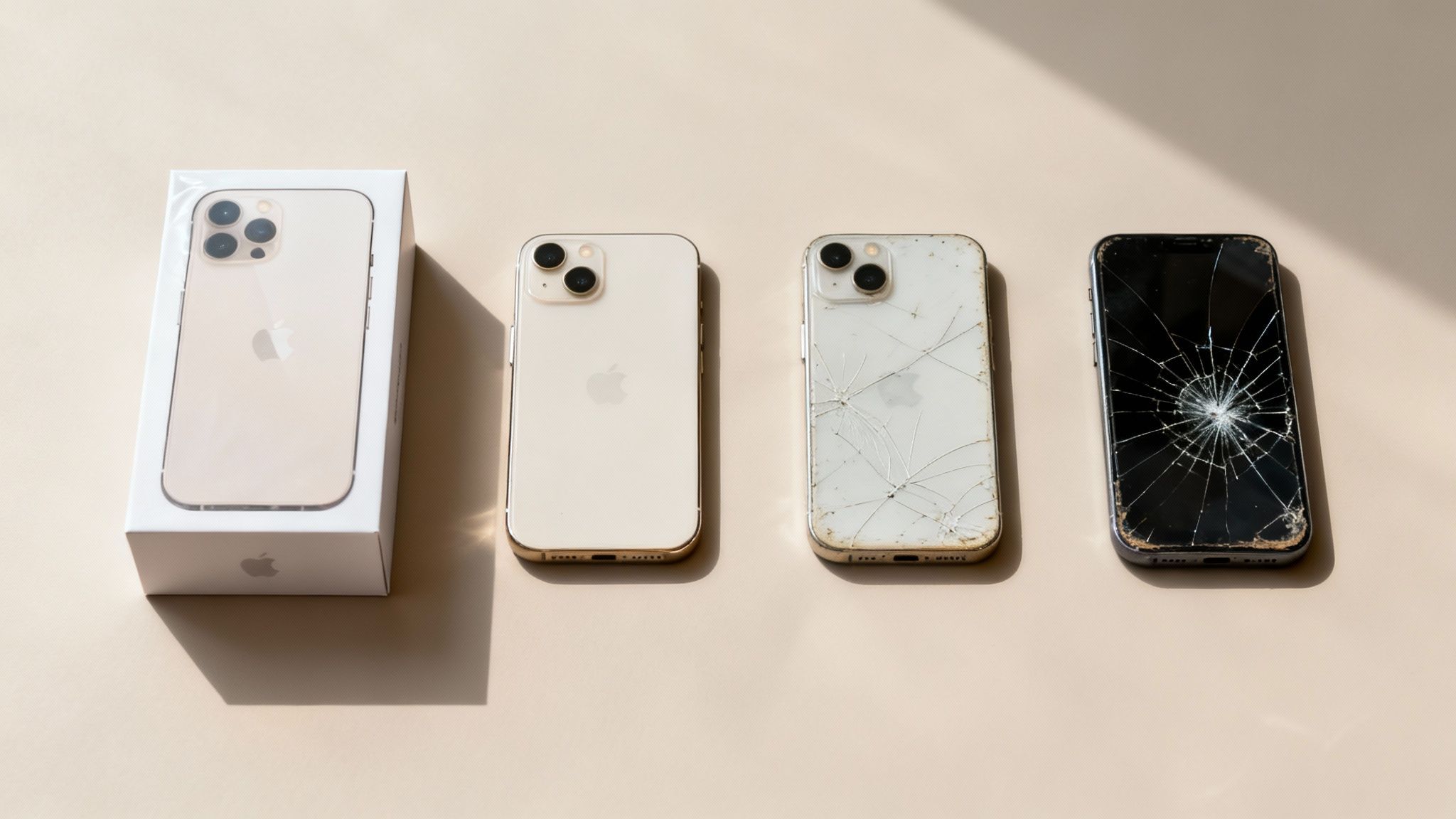 Four iPhones showing different conditions: new in box, pristine, cracked back, and shattered screen.