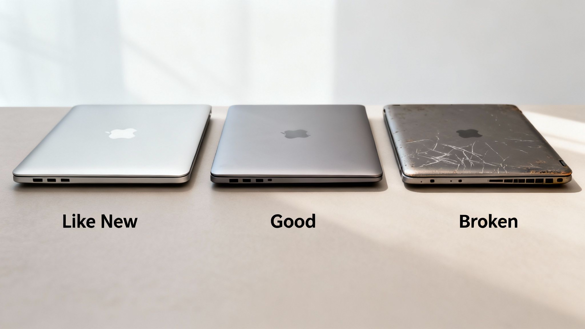 Three Apple MacBook laptops displaying varying conditions: like new, good, and heavily damaged.