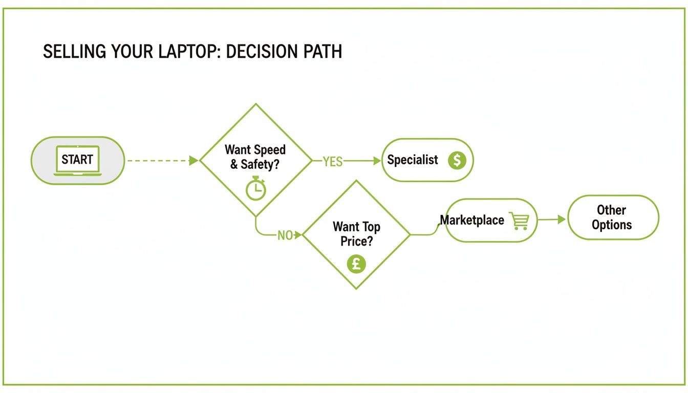 Flowchart illustrating the decision path for selling a laptop, considering speed, safety, and price options.