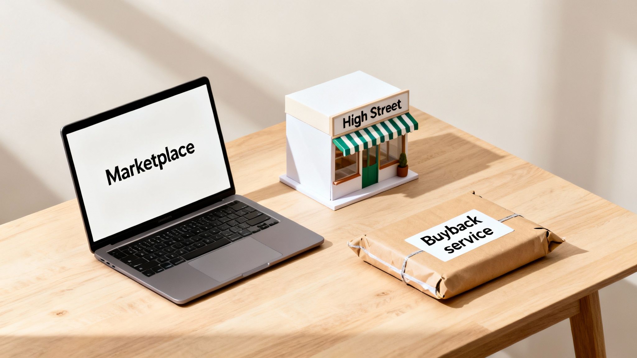 A laptop with 'Marketplace' on screen, a 'High Street' shop, and 'Buyback service' package.