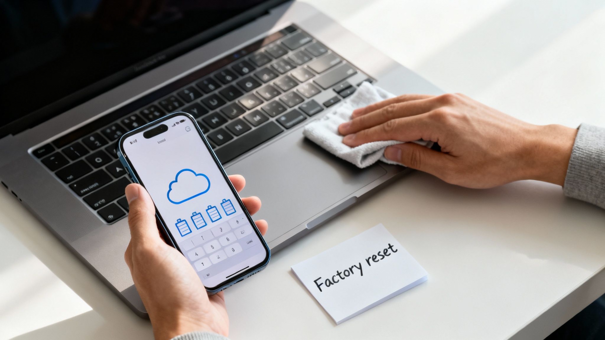 A person backs up phone data to the cloud on a phone before cleaning a laptop for a factory reset.