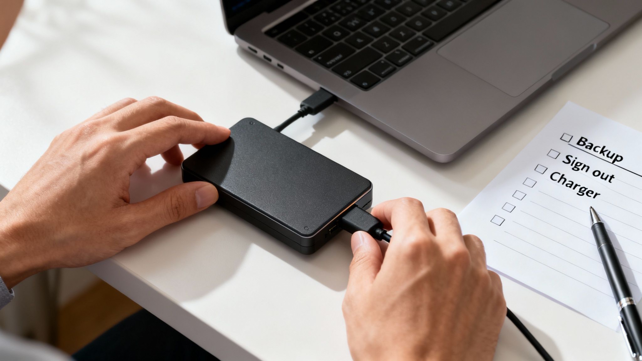 Person's hands connecting a black external hard drive to a laptop on a white desk.