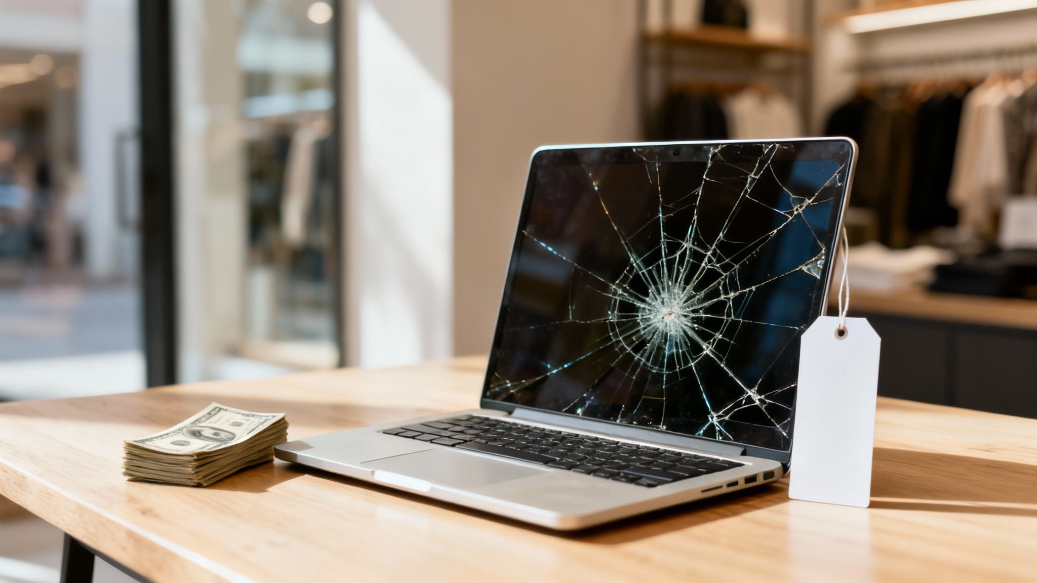 A silver laptop with a broken, cracked screen, money, and price tag on a wooden table.