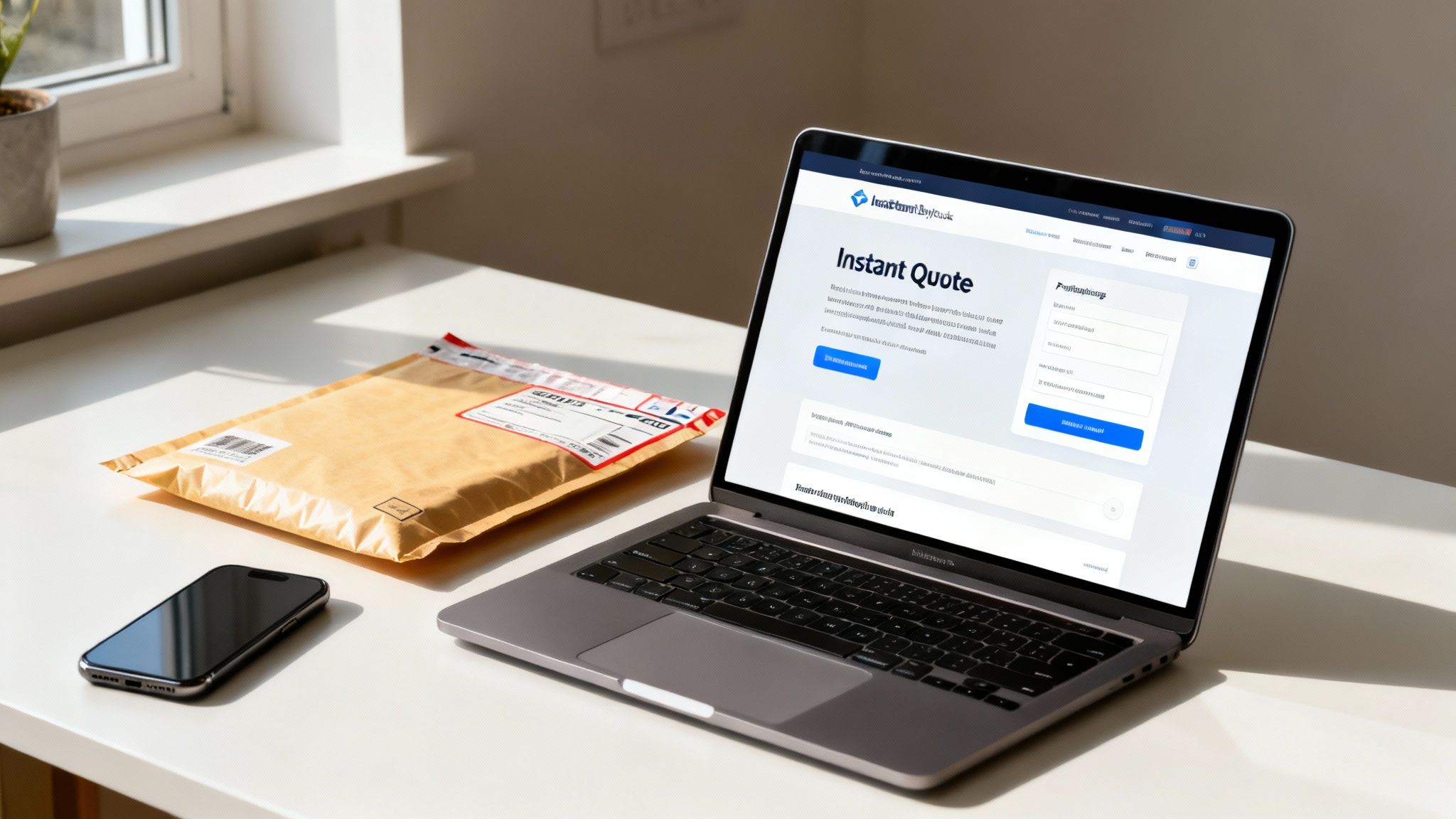 A laptop displays an 'Instant Quote' page, a smartphone, and a package on a white desk.