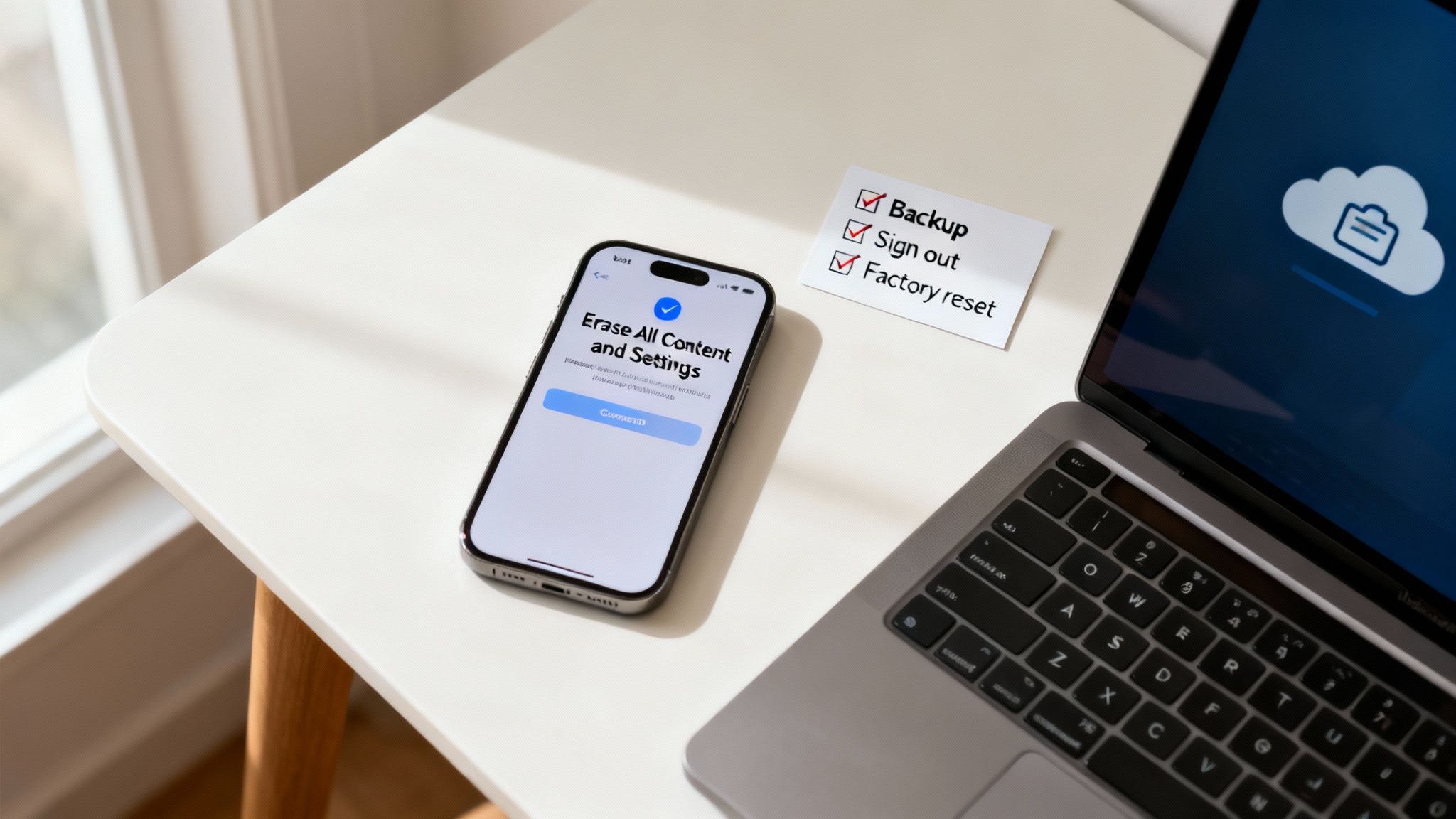 A smartphone on a white table shows "Erase All Content and Settings" next to a checklist for phone reset.