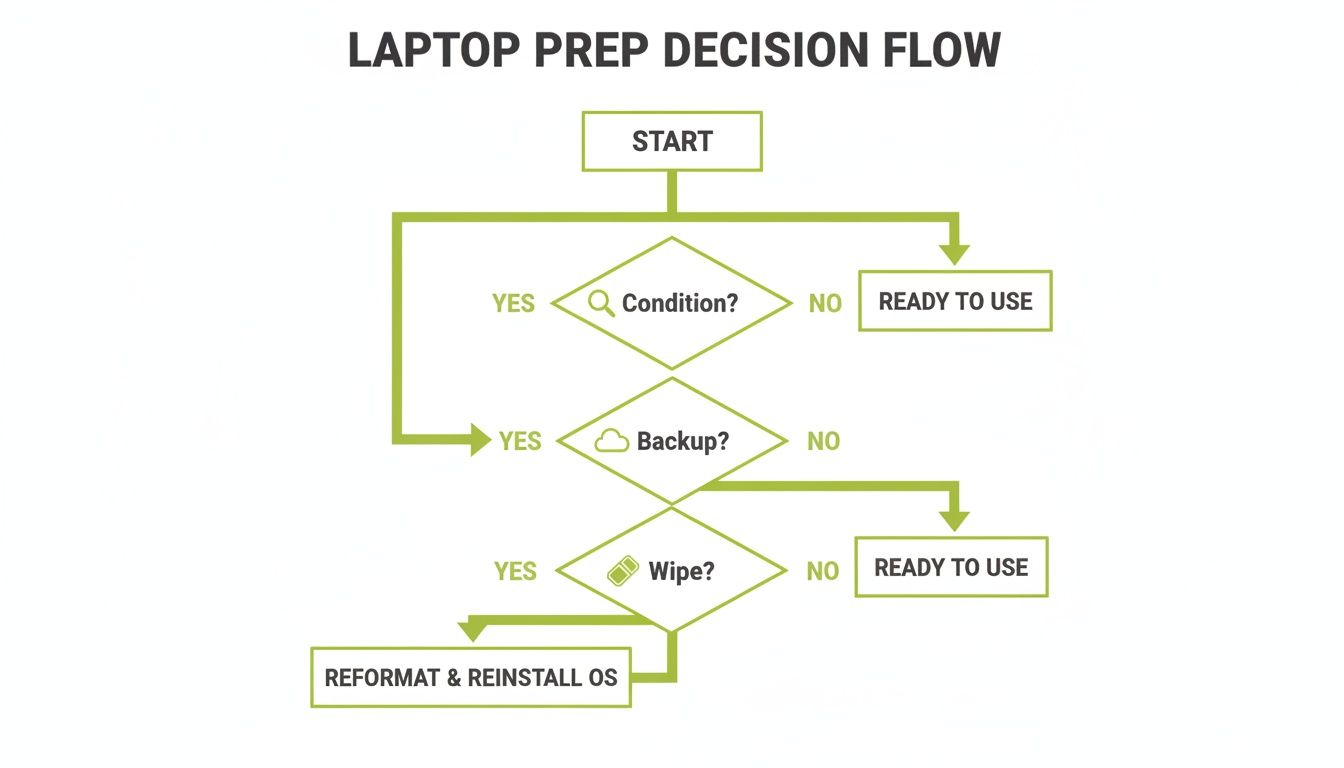 Flowchart illustrating the decision process for laptop preparation, including condition, backup, wipe, and reformat steps.