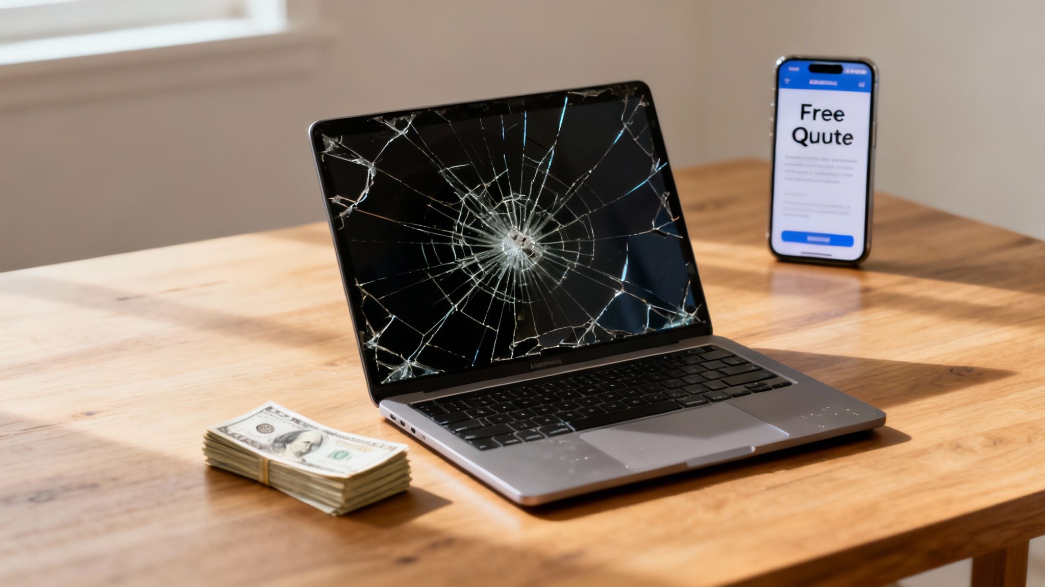 A broken laptop with a cracked screen, a stack of money, and a smartphone showing a 'Free Quote' app on a table.