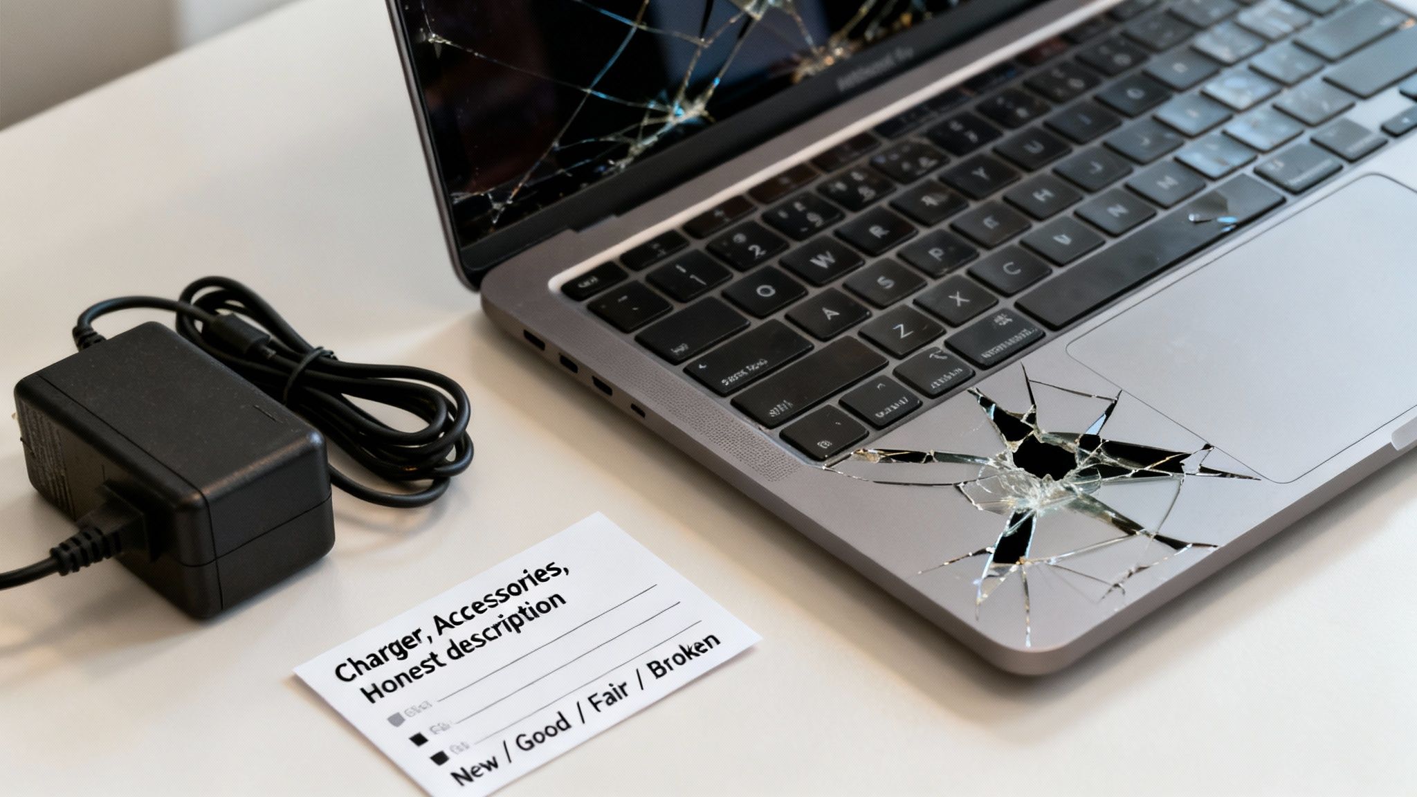 A severely broken laptop with a shattered screen and cracked palm rest next to a charger and a condition checklist.