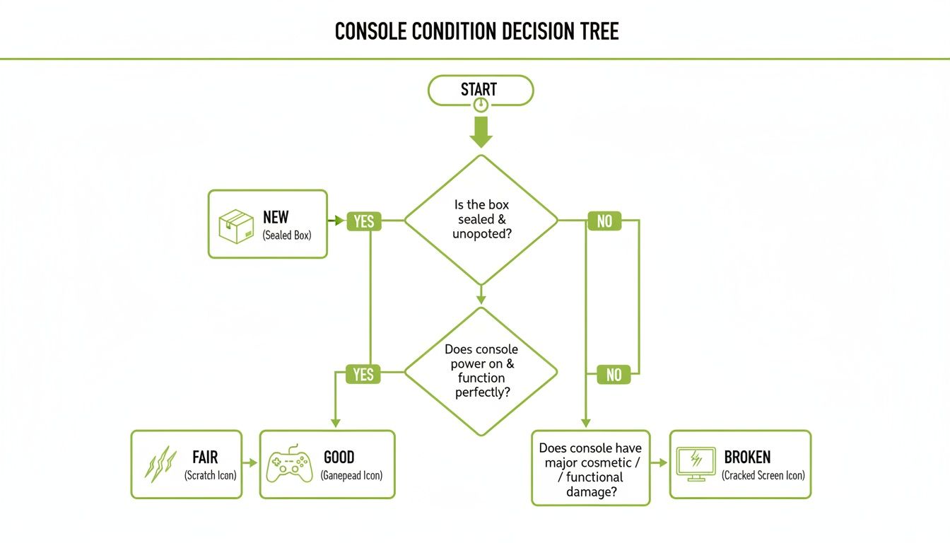 Decision tree flowchart for classifying console condition: New, Good, Fair, or Broken based on checks.