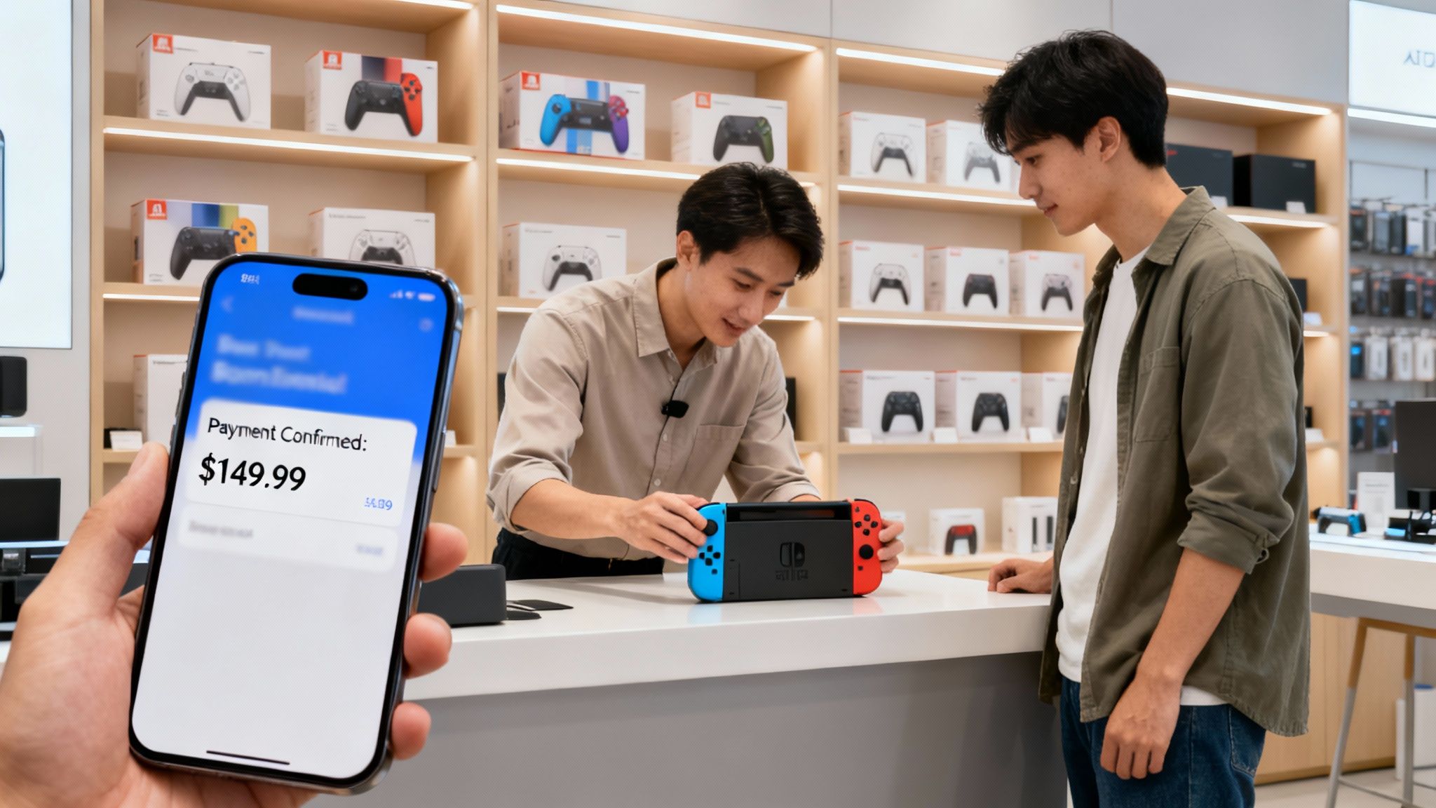 Customer makes a digital payment for a gaming console at an electronics store.