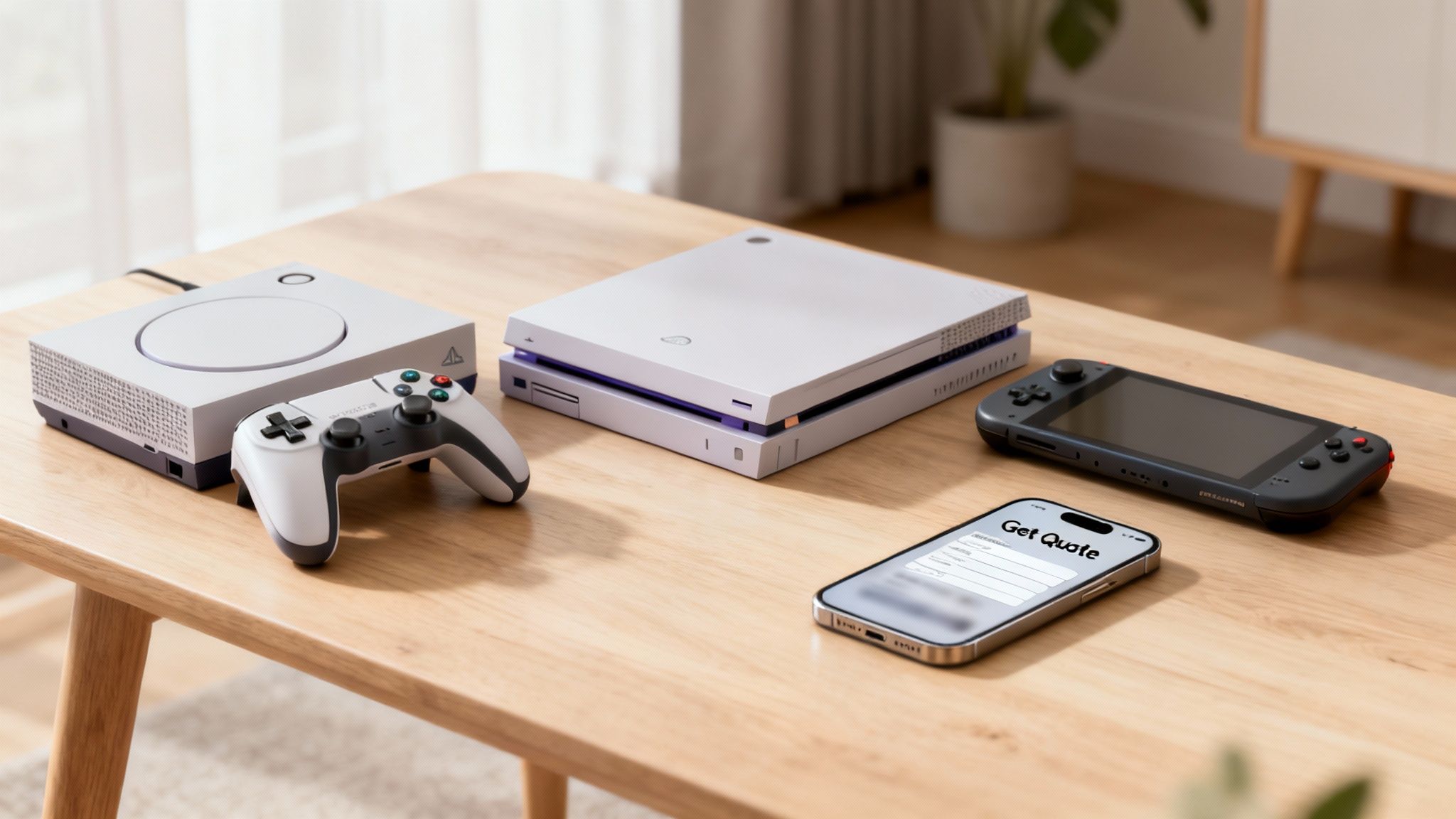 A collection of modern second-hand game consoles, a controller, a handheld device, and a smartphone on a wooden table.