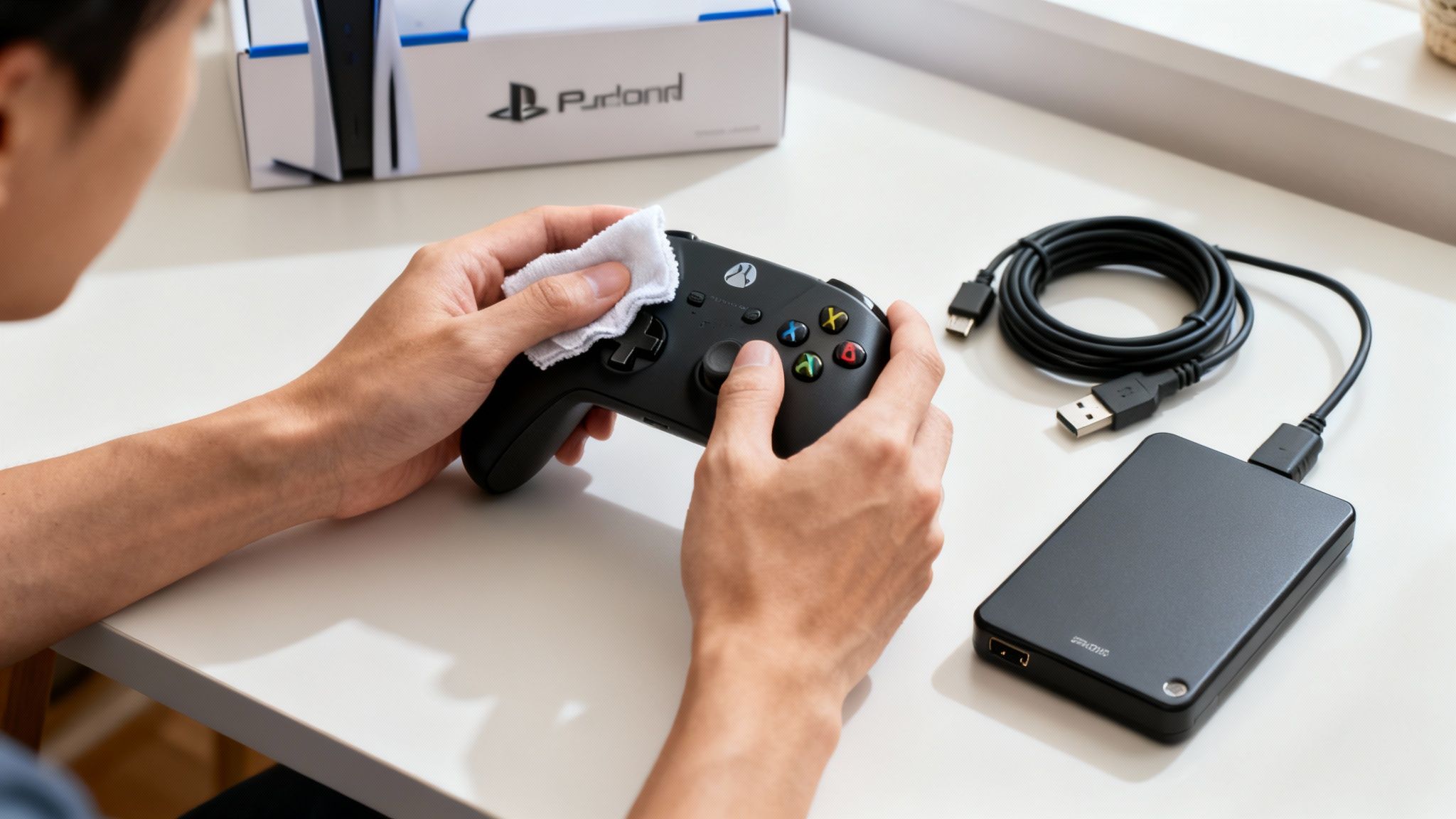A person cleaning a black Xbox controller with a cloth, surrounded by gaming accessories.