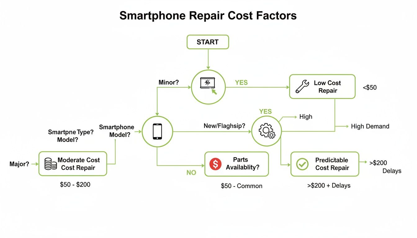 Flowchart detailing smartphone repair cost factors, from minor damage to model type and parts availability.