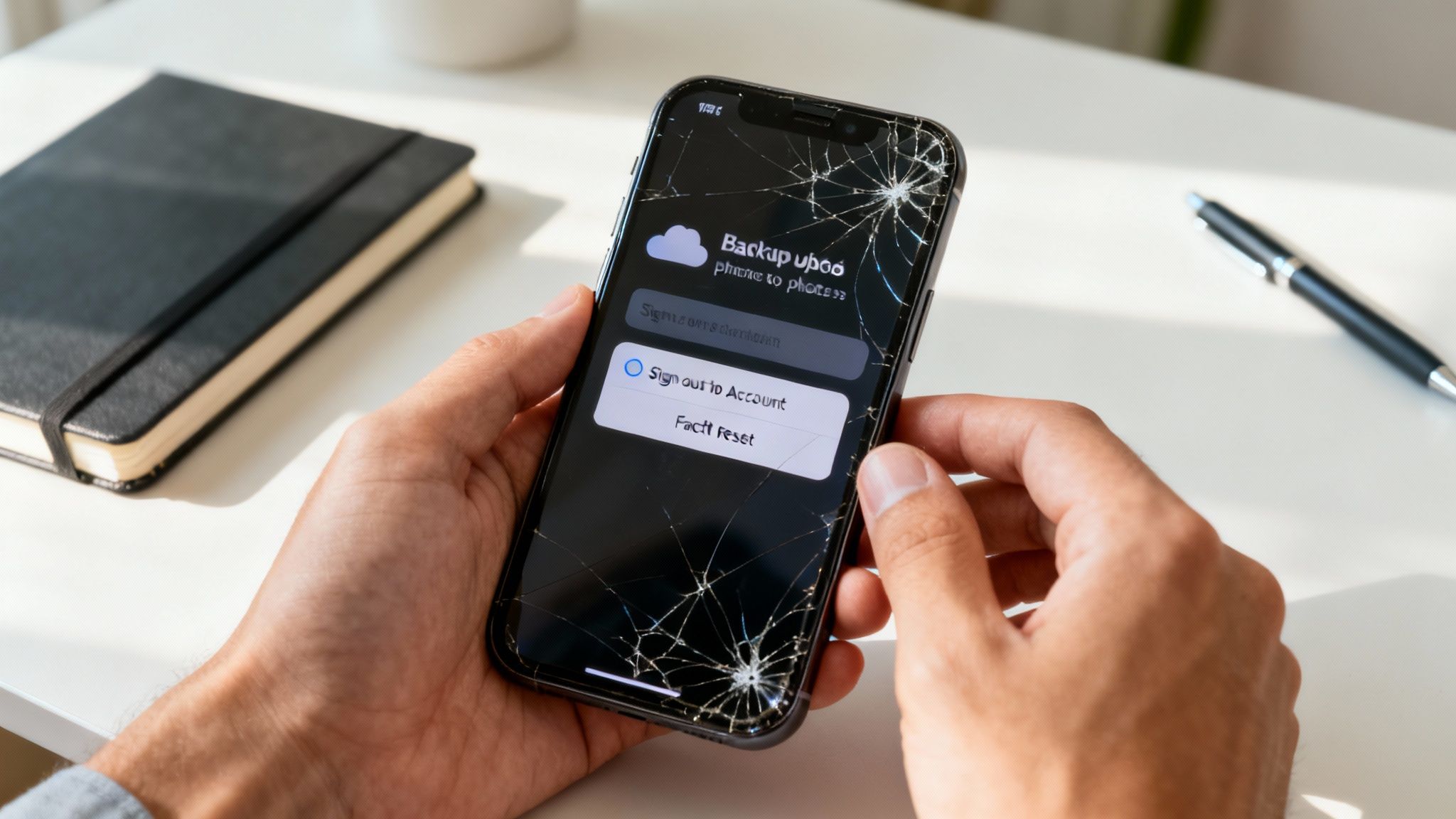 Person holding a cracked iPhone displaying a backup screen, with a notebook and pen nearby.