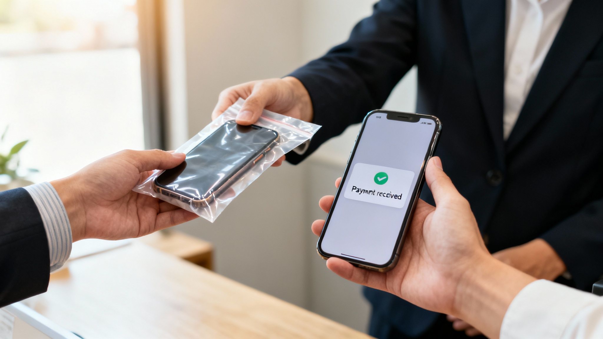 Hands exchanging a new smartphone in packaging, with another phone displaying 'Payment received' confirmation.