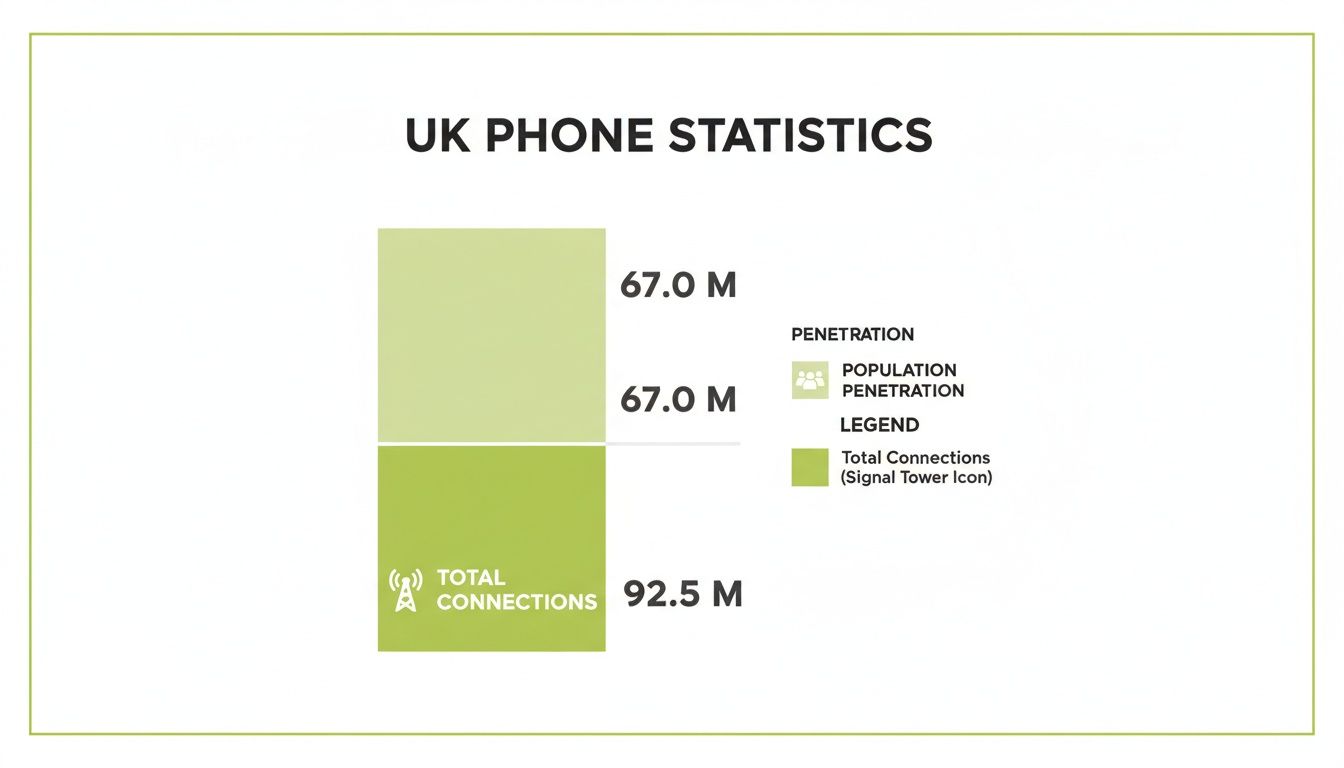 Infographic showing UK phone statistics with population penetration and total connections data.