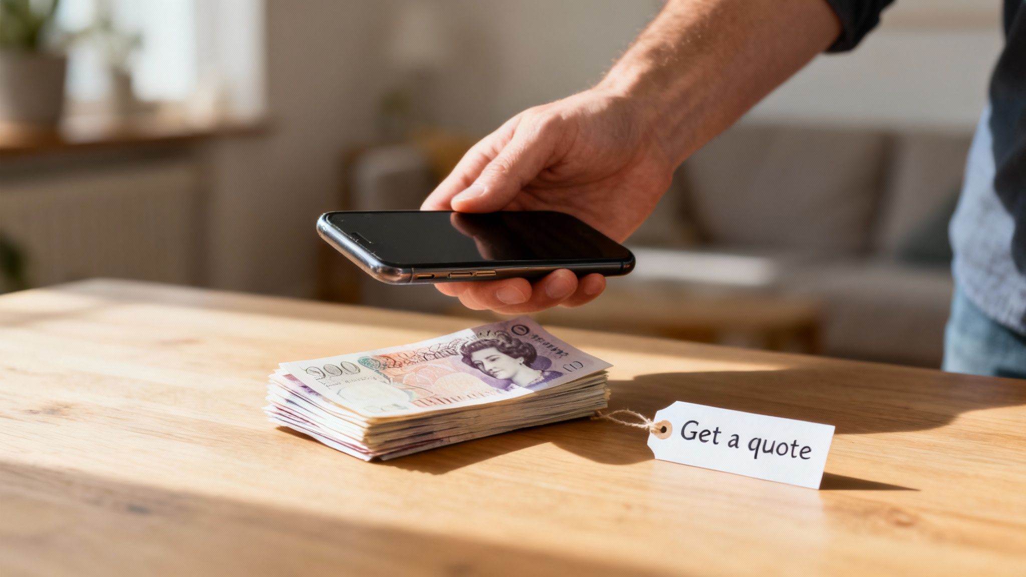 A hand holds a smartphone over a stack of British pound notes with a 'Get a quote' tag.