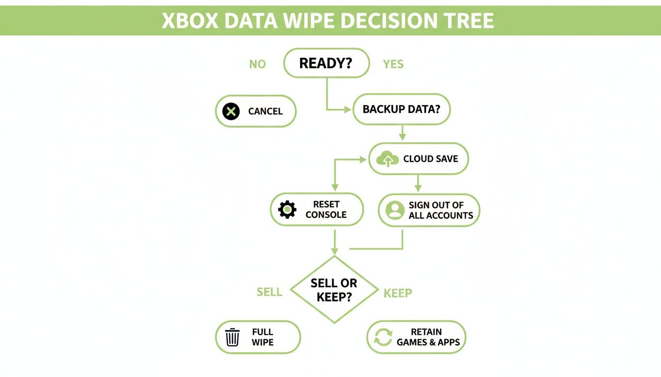 A comprehensive Xbox data wipe decision tree flowchart for preparing your console to sell or keep.