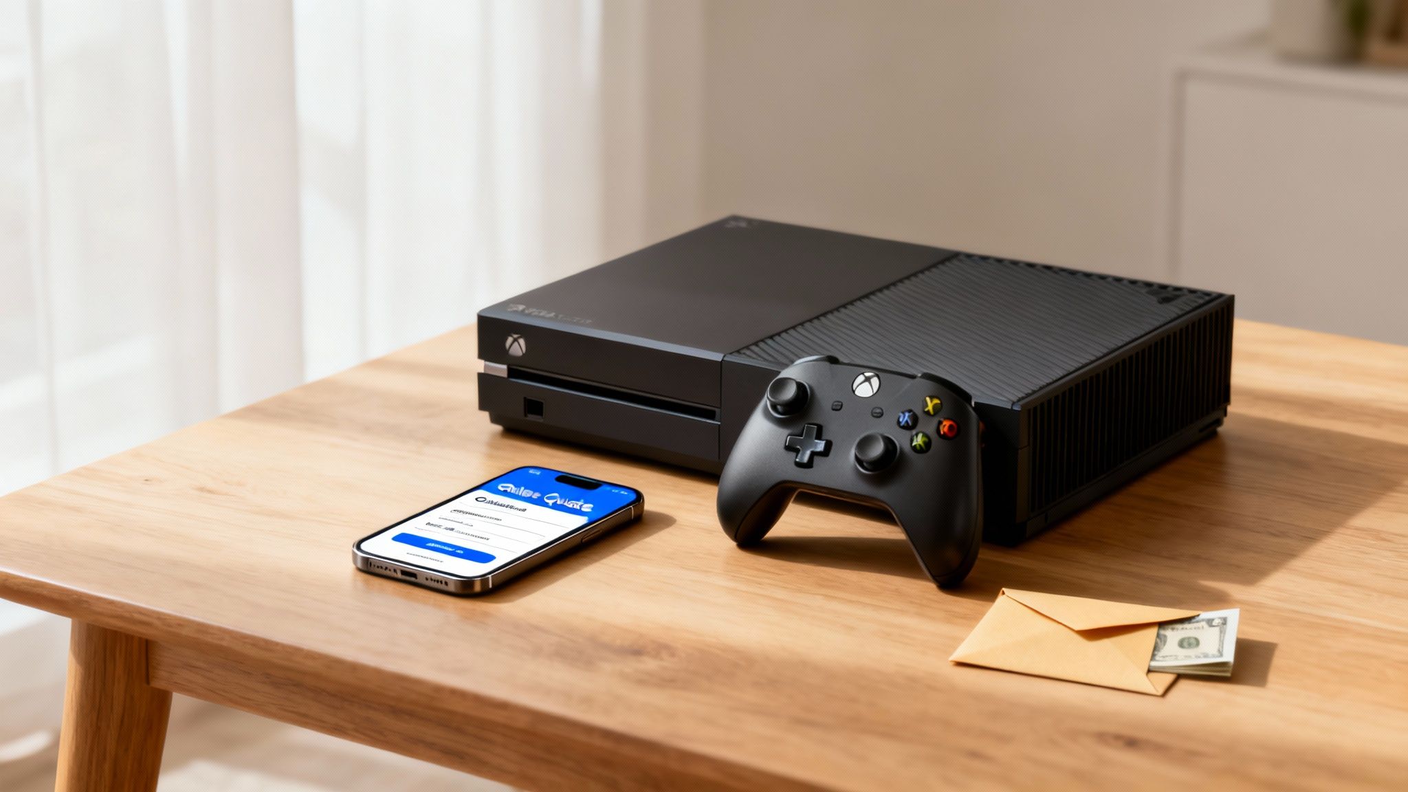 Black Xbox One console, controller, smartphone with 'Online Quest', and cash on a wooden table.