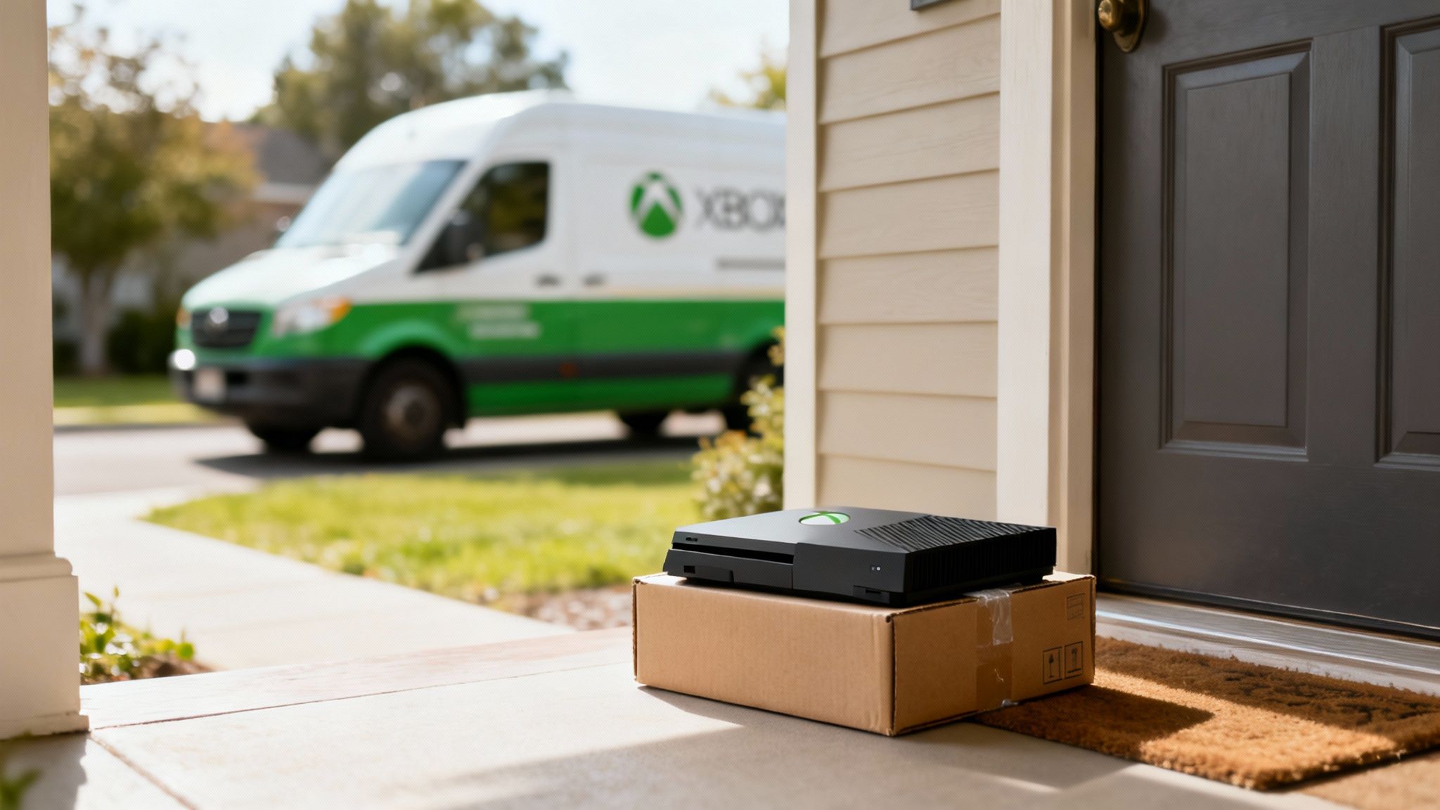 An Xbox console sits on a cardboard box at a doorstep, with an Xbox delivery van blurred in the background.