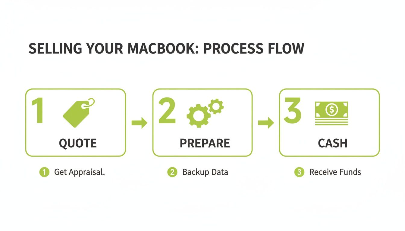 Infographic illustrating a three-step process to sell a MacBook: quote, prepare, and get cash.