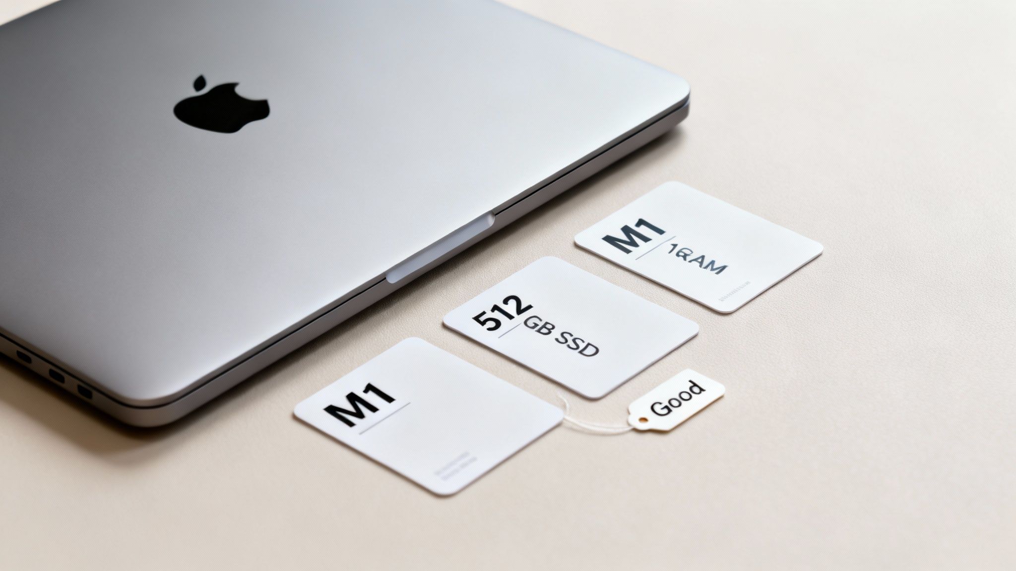 Silver MacBook with M1 chip, 512GB SSD, 16GB RAM specification cards, and a 'Good' tag.
