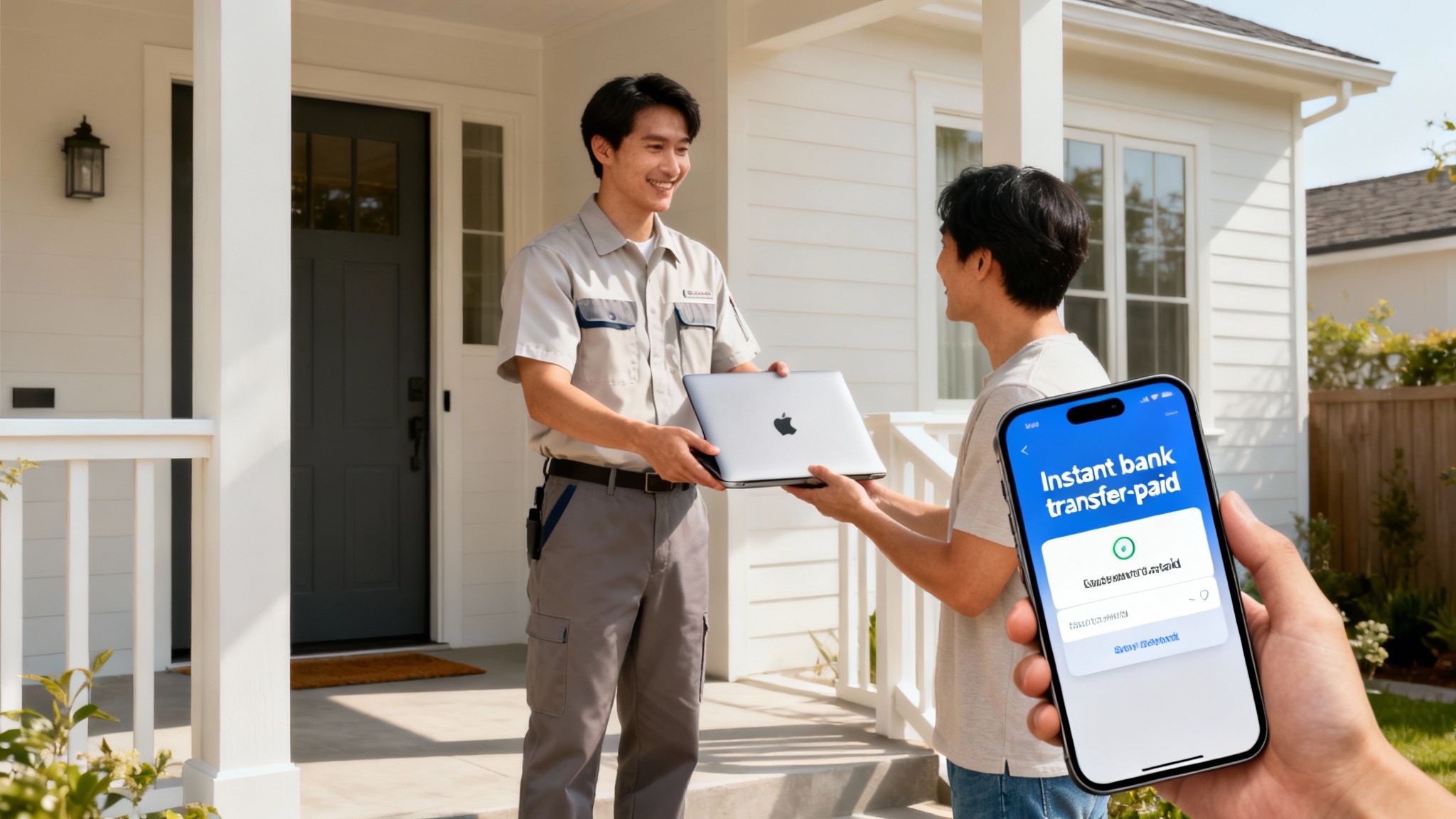 A smiling service technician delivers an Apple MacBook to a customer at their home, with payment confirmed on a smartphone.