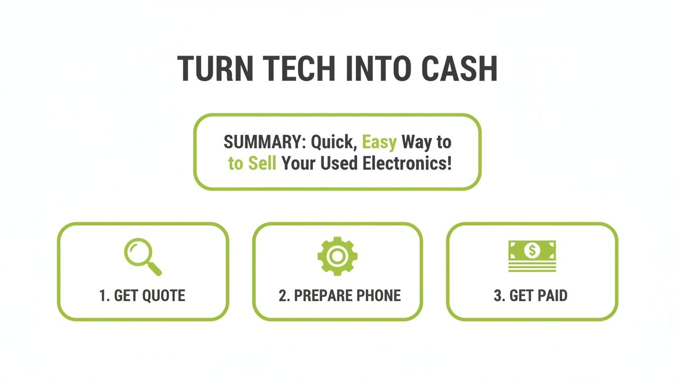 A graphic showing three steps to sell used electronics for cash: get quote, prepare phone, get paid.