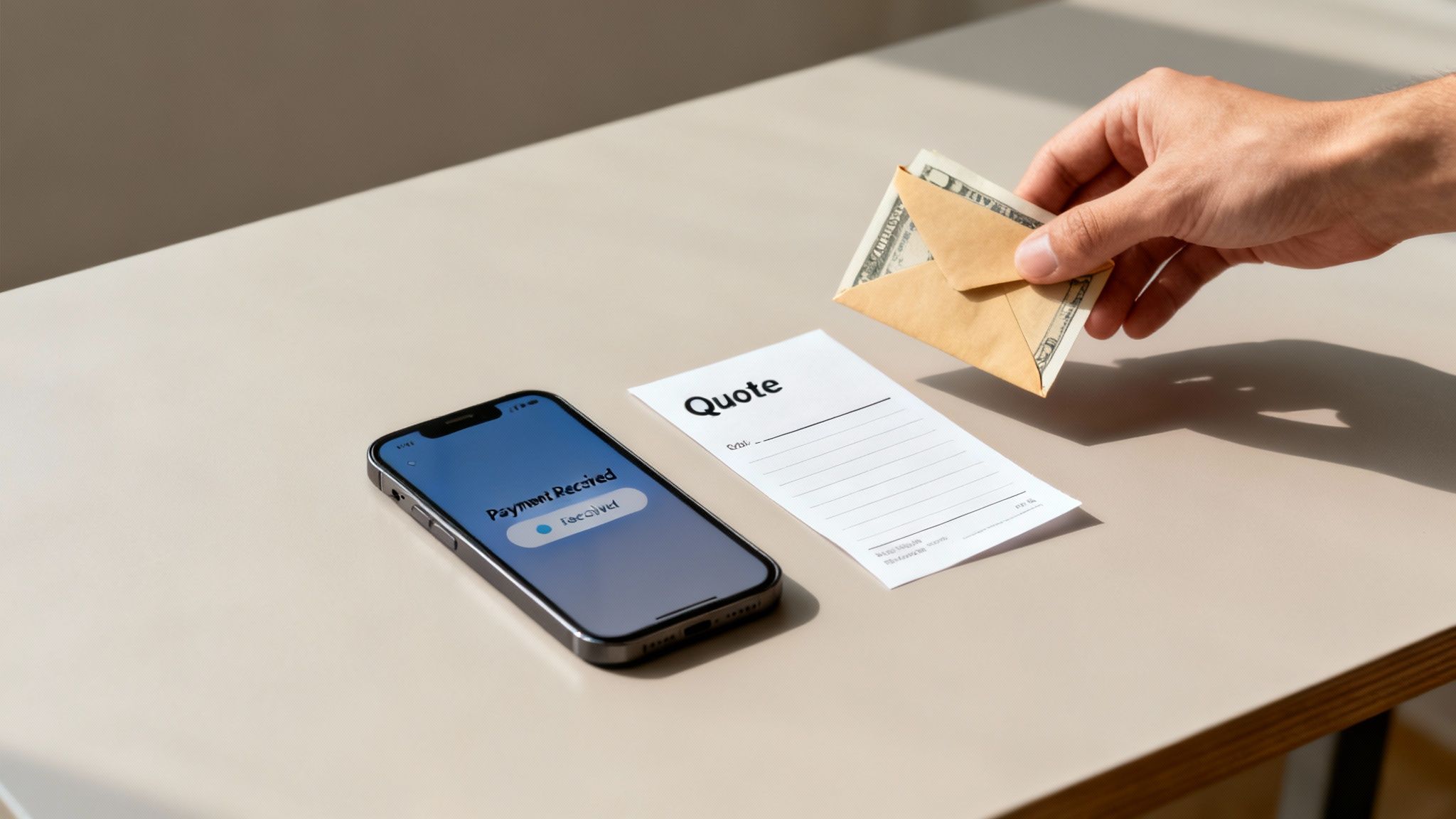 A hand holds cash in an envelope next to a smartphone showing "Payment Received" and a "Quote" paper.