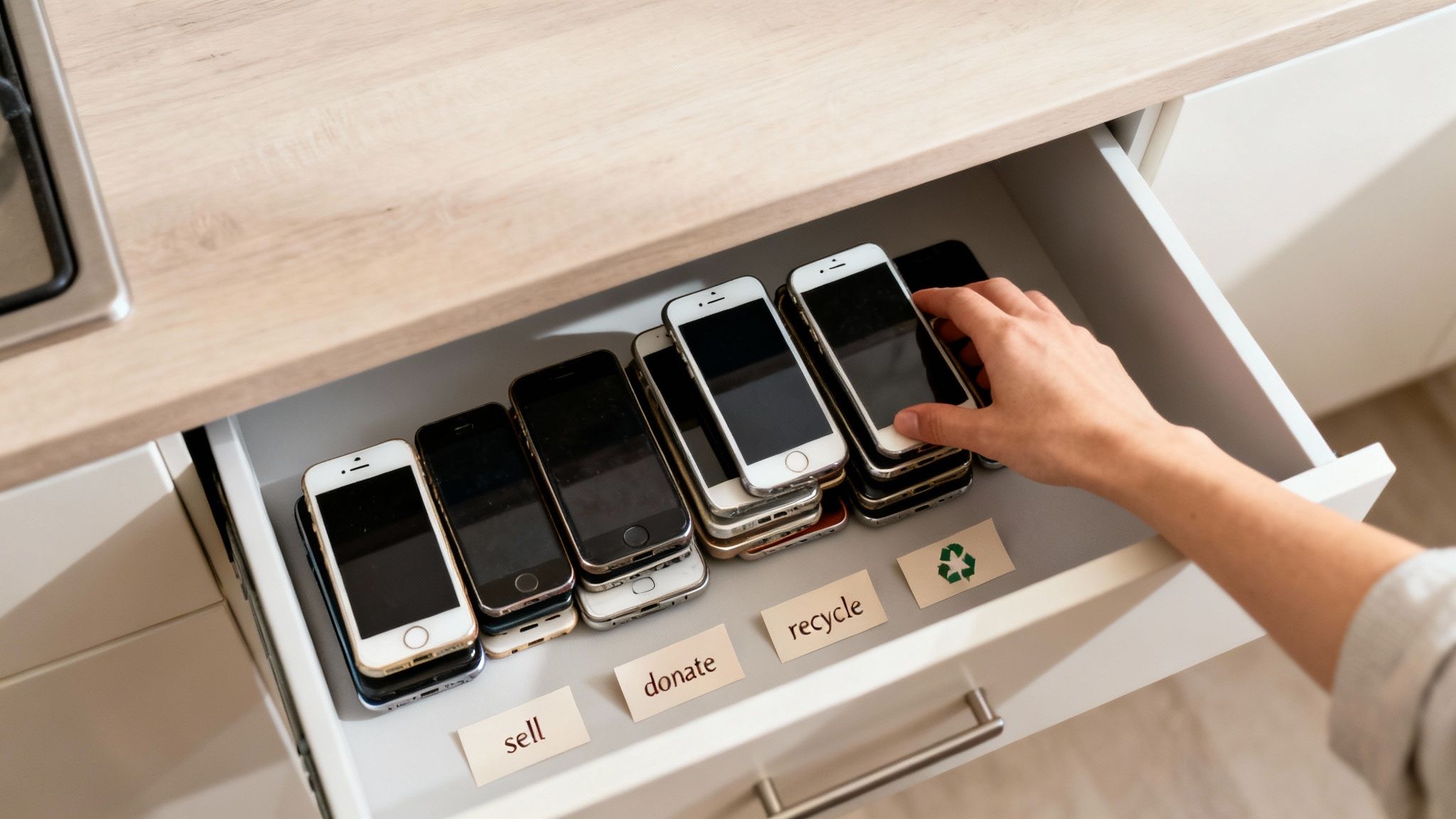 A hand places an old smartphone into a drawer with sections for sell, donate, and recycle.