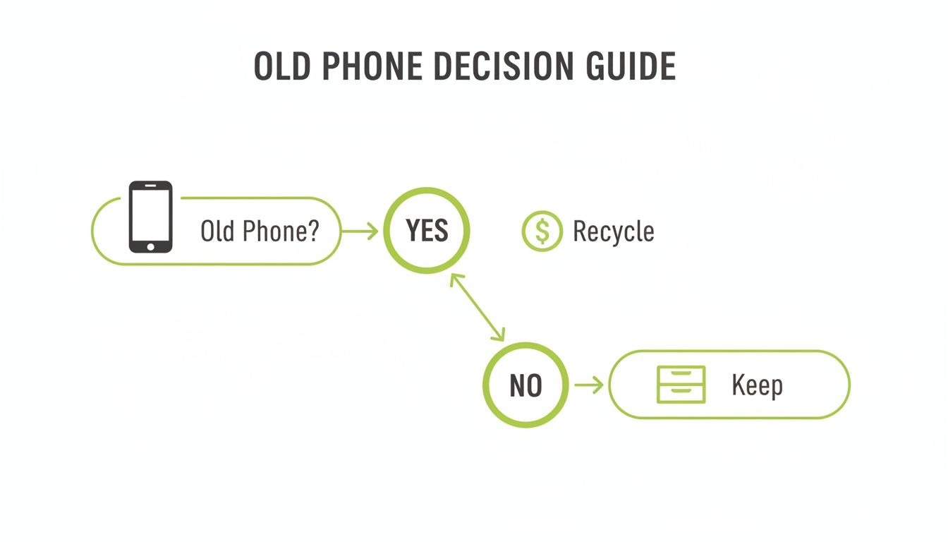 Flowchart for old phones, guiding users to recycle old devices or keep newer ones.