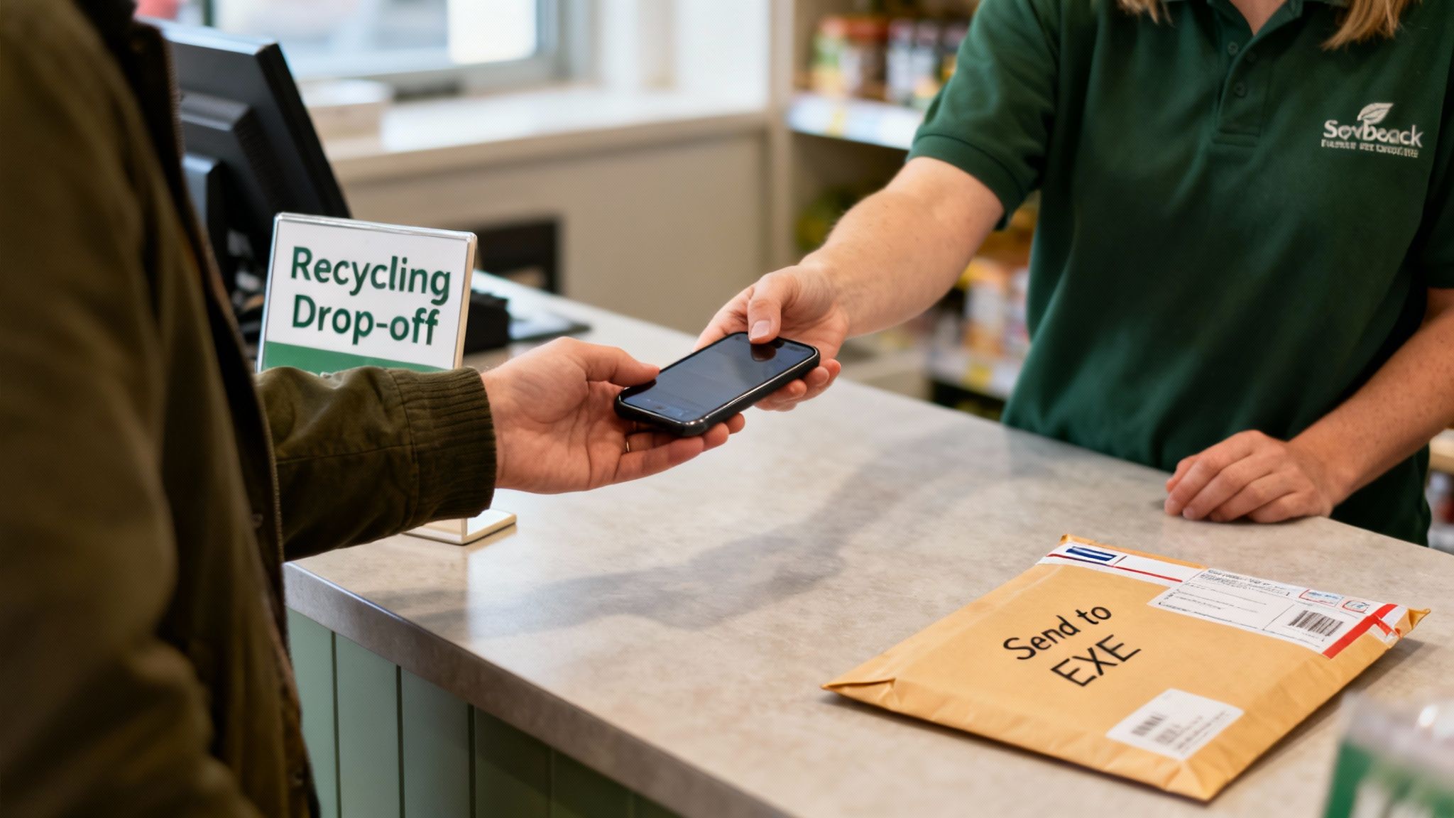 Customer hands a smartphone to a staff member at a recycling drop-off counter in a store.