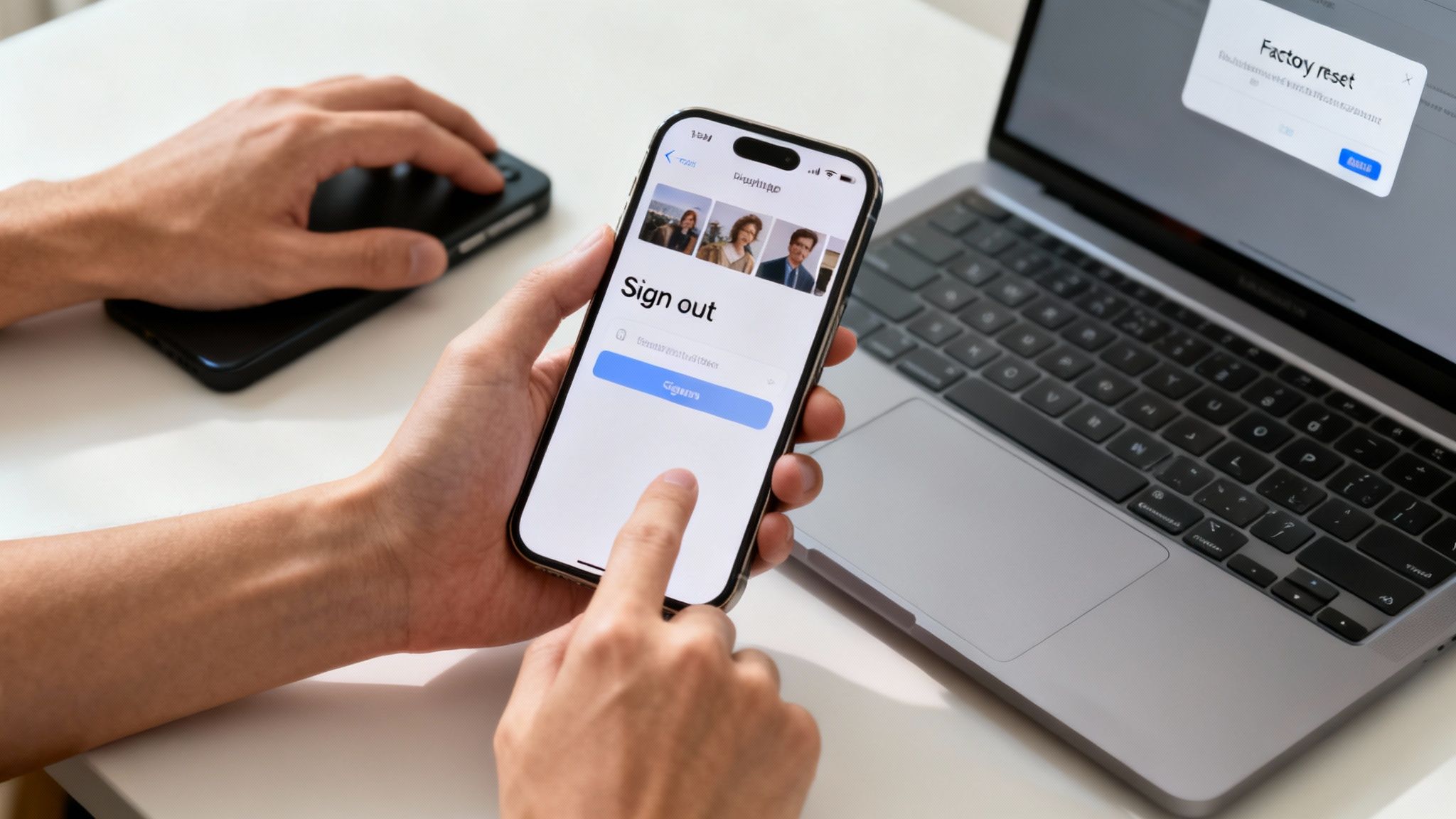 A person's hands interact with a smartphone showing a 'Sign out' screen, next to a laptop displaying a 'Factory reset' prompt.