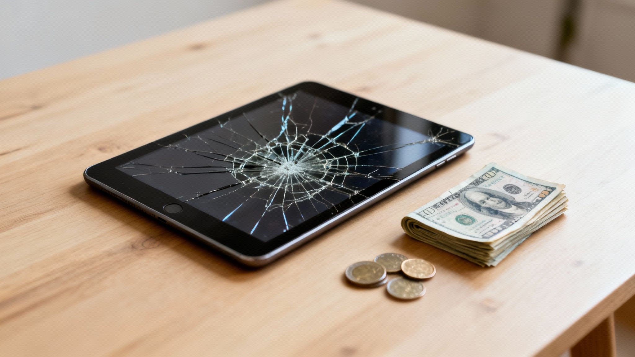 A black tablet with a shattered screen lies on a wooden table beside dollar bills and coins.