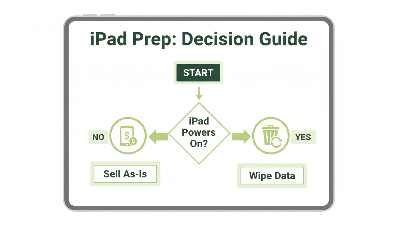 A flowchart titled "iPad Prep: Decision Guide" showing steps for selling an iPad based on if it powers on.