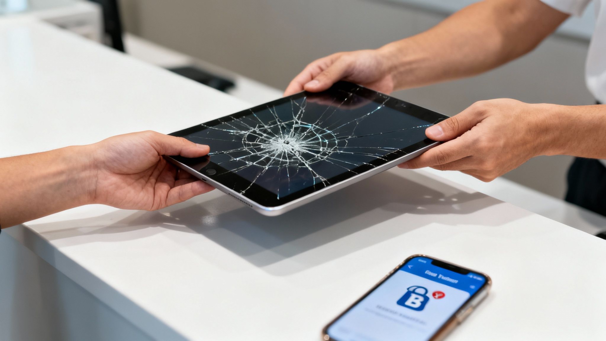 Hands exchanging a tablet with a severely cracked screen at a repair shop counter.