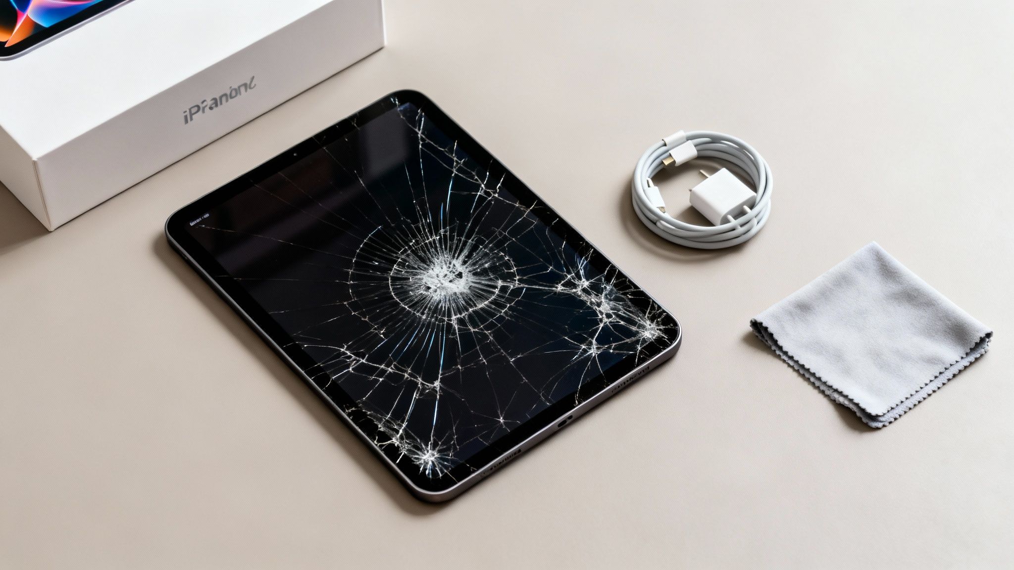 A severely cracked iPad screen lies next to its box, charging cable, and a grey cleaning cloth.
