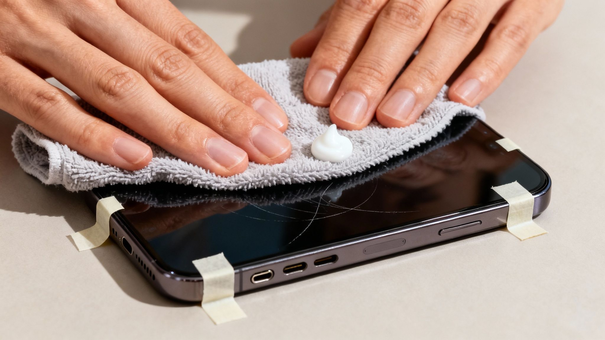 Hands polishing a scratched smartphone screen with a cloth and white cream to remove marks.