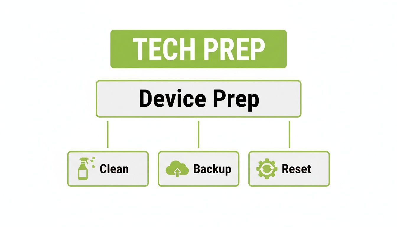 Flowchart detailing the steps for device preparation: clean, backup, and reset, under tech prep.