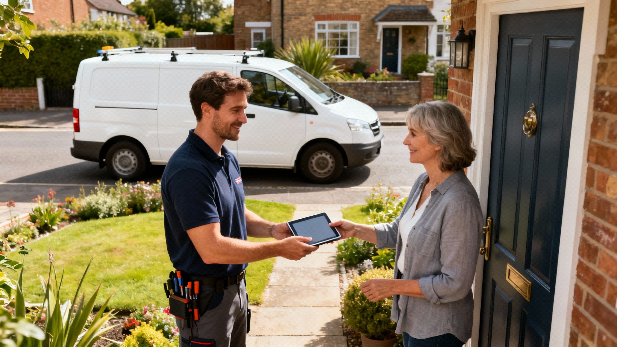A smiling male service technician hands a digital tablet to a happy female customer at her front door, with a white van in the background.