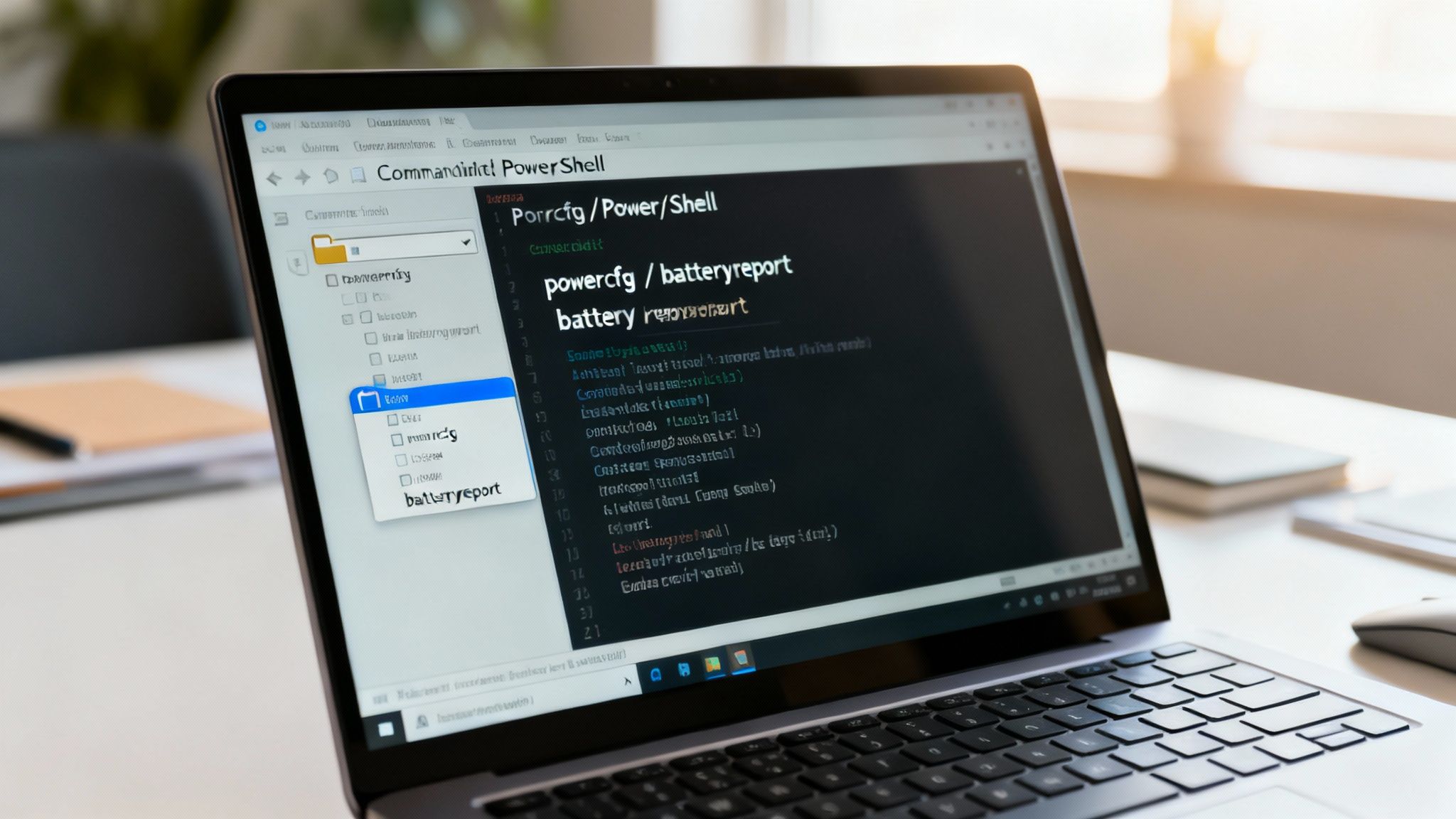 A laptop screen displays a PowerShell window with the 'powercfg /batteryreport' command.