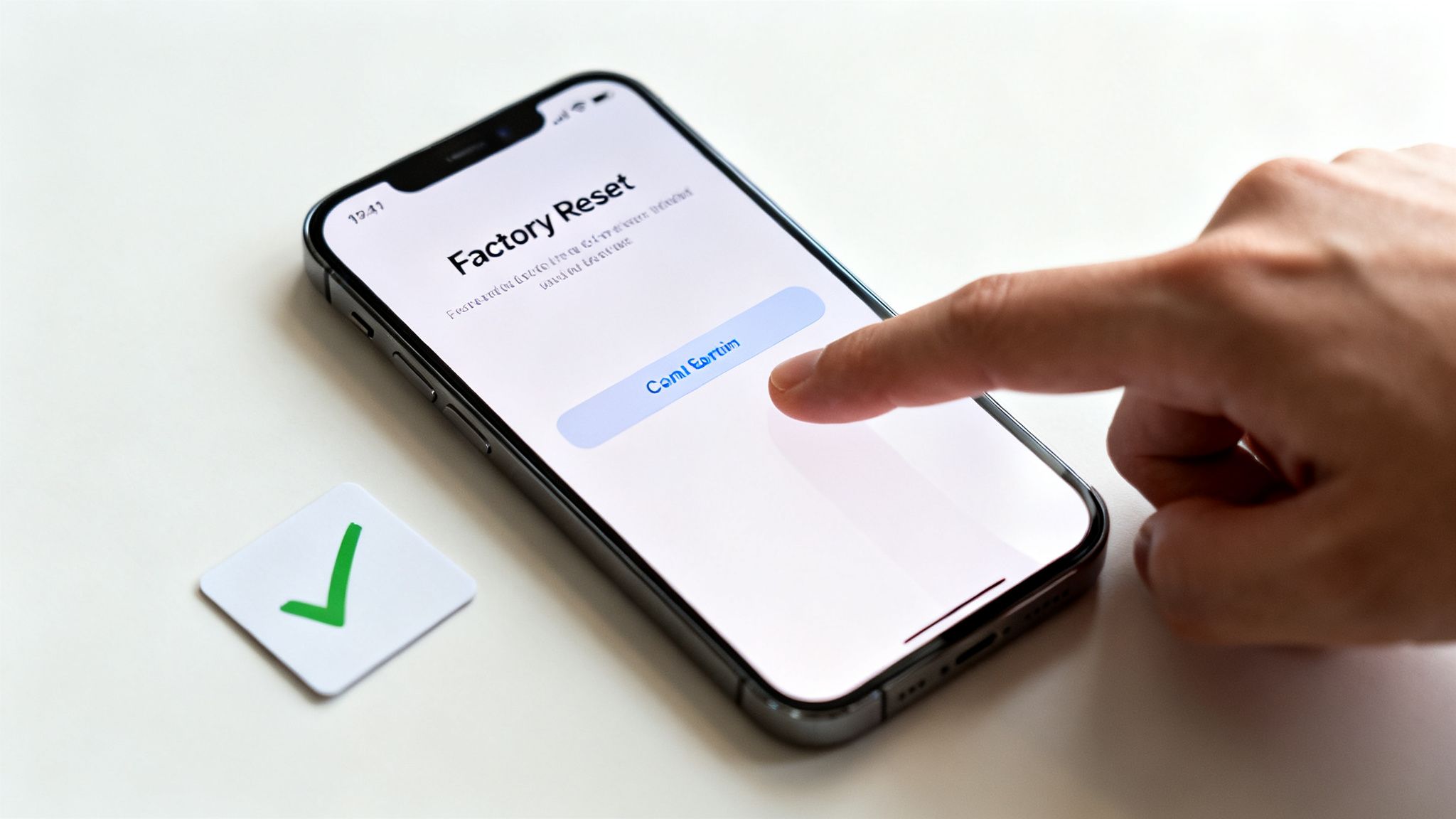 A finger taps a smartphone screen displaying 'Factory Reset' with a green checkmark icon nearby.