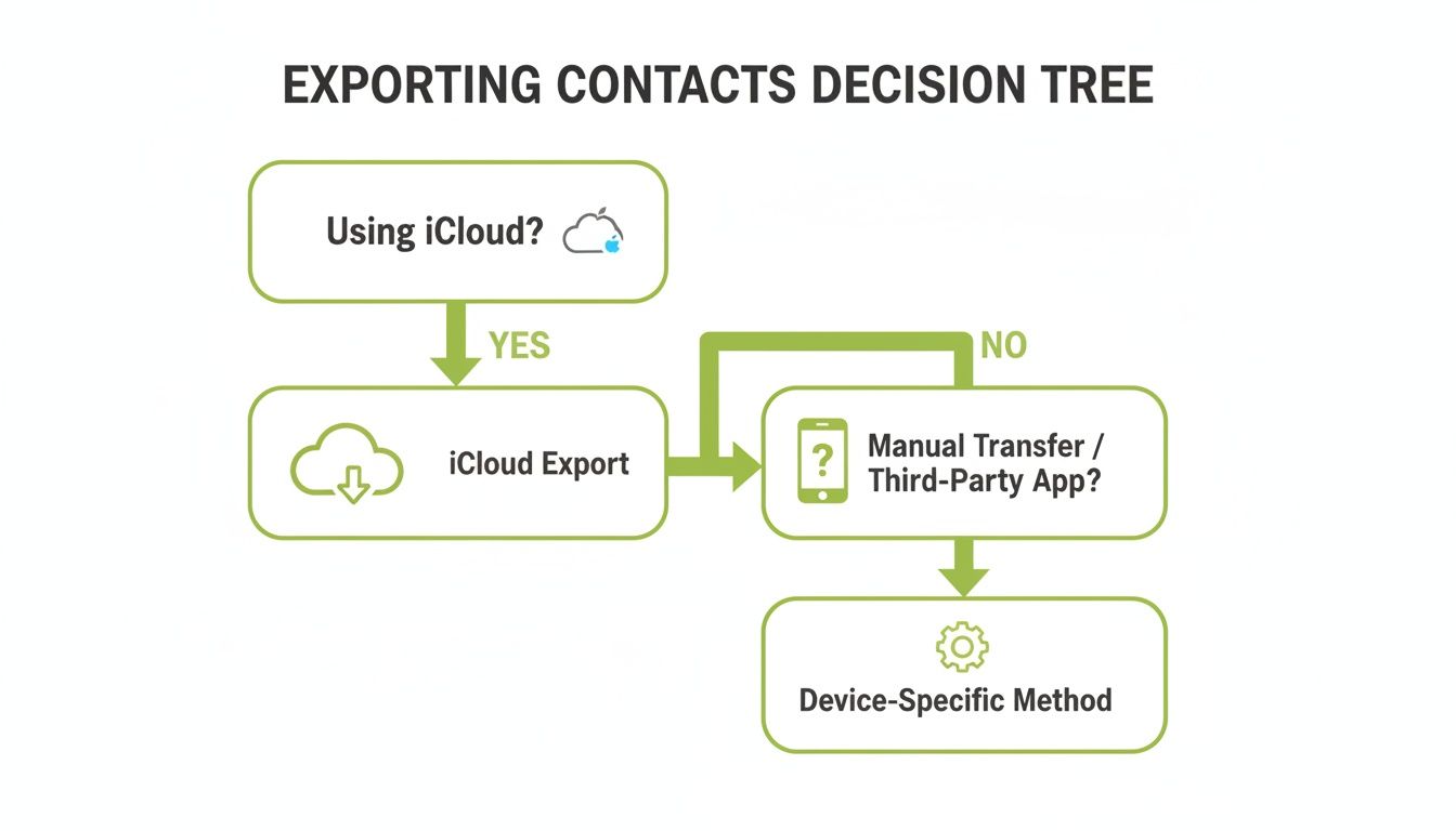 A decision tree flowchart outlining steps for exporting contacts, starting with iCloud or manual transfer.
