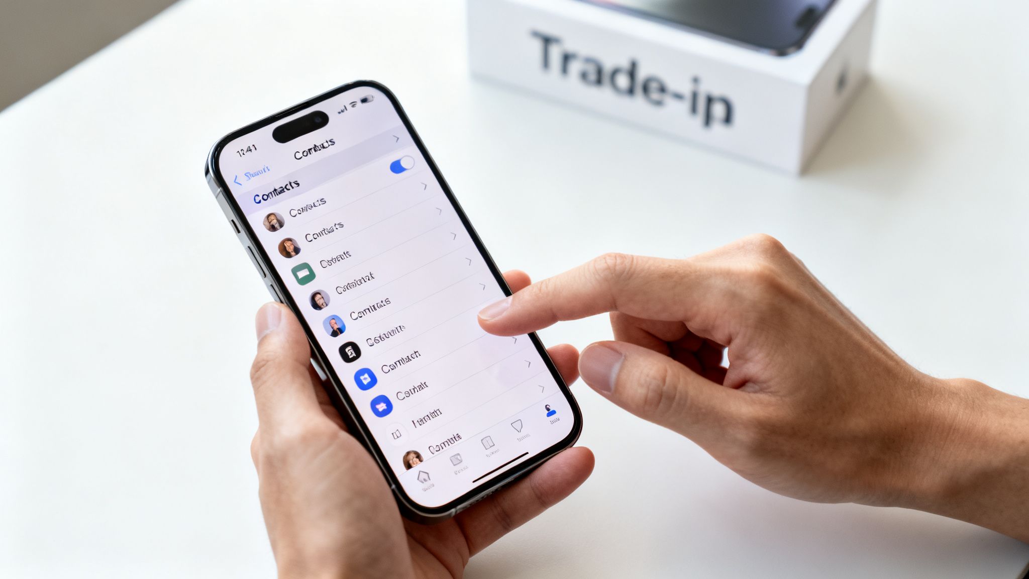 A person's hands holding an iPhone showing the Contacts app, with a finger selecting an entry.