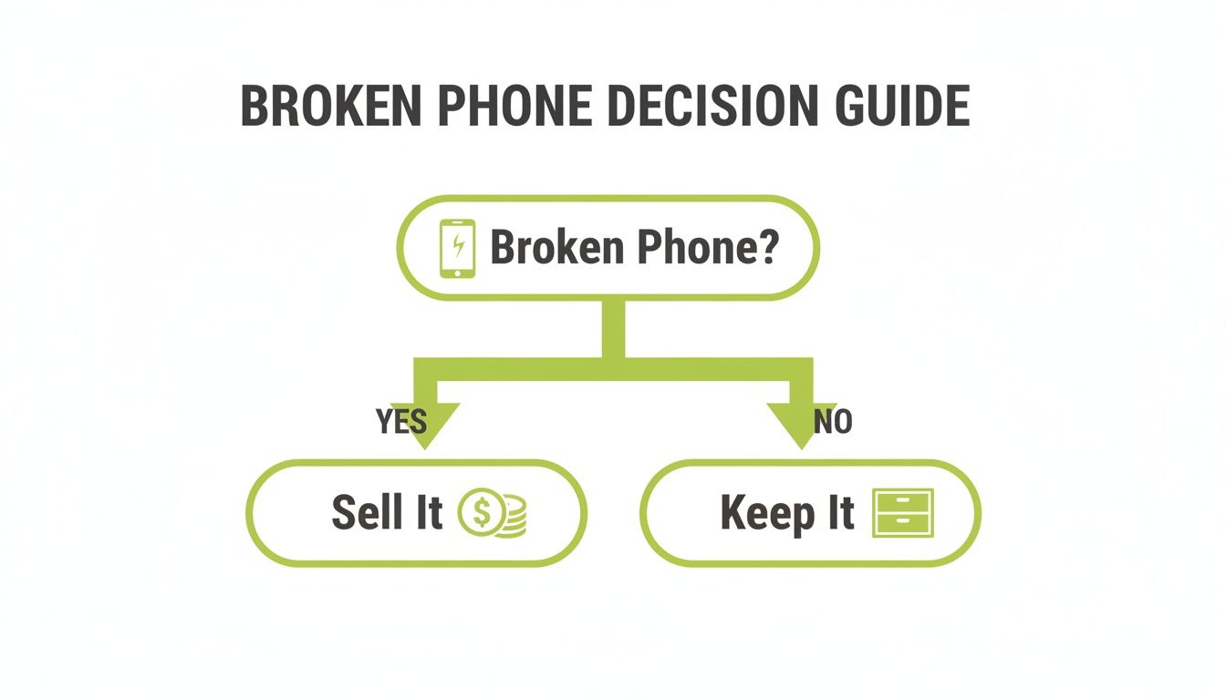 A flowchart titled 'Broken Phone Decision Guide' suggesting to sell a broken phone and keep a working one.