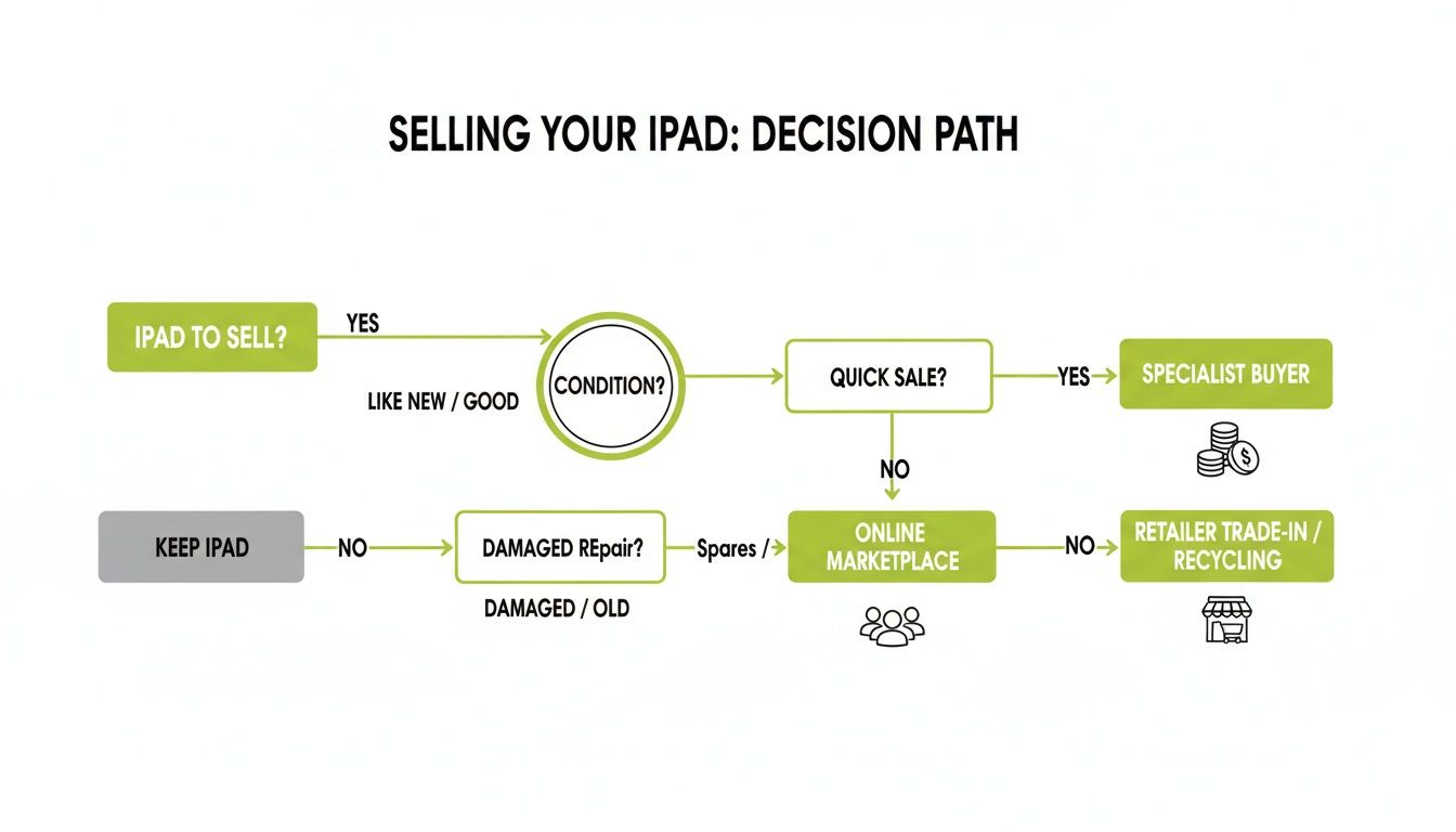 A flowchart outlining the decision path for selling an iPad based on its condition and desired sale speed.